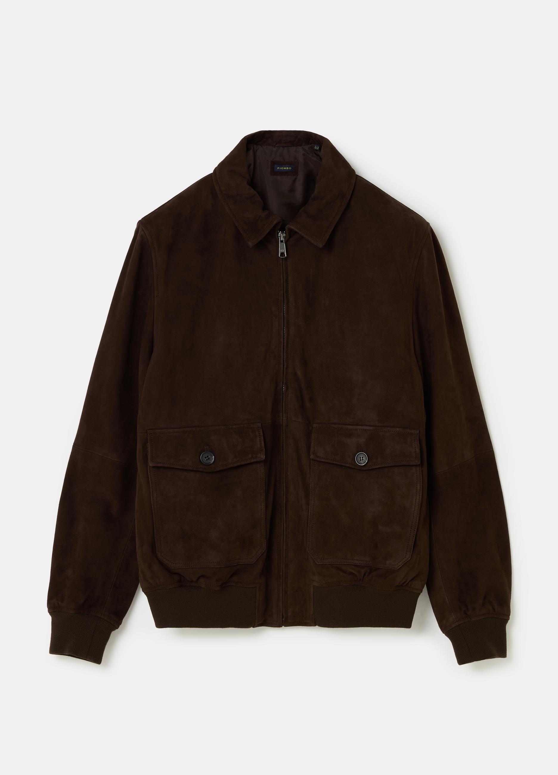 Alex Bottoni - Giacca bomber in pelle camoscio beige con bottoni e tasconi