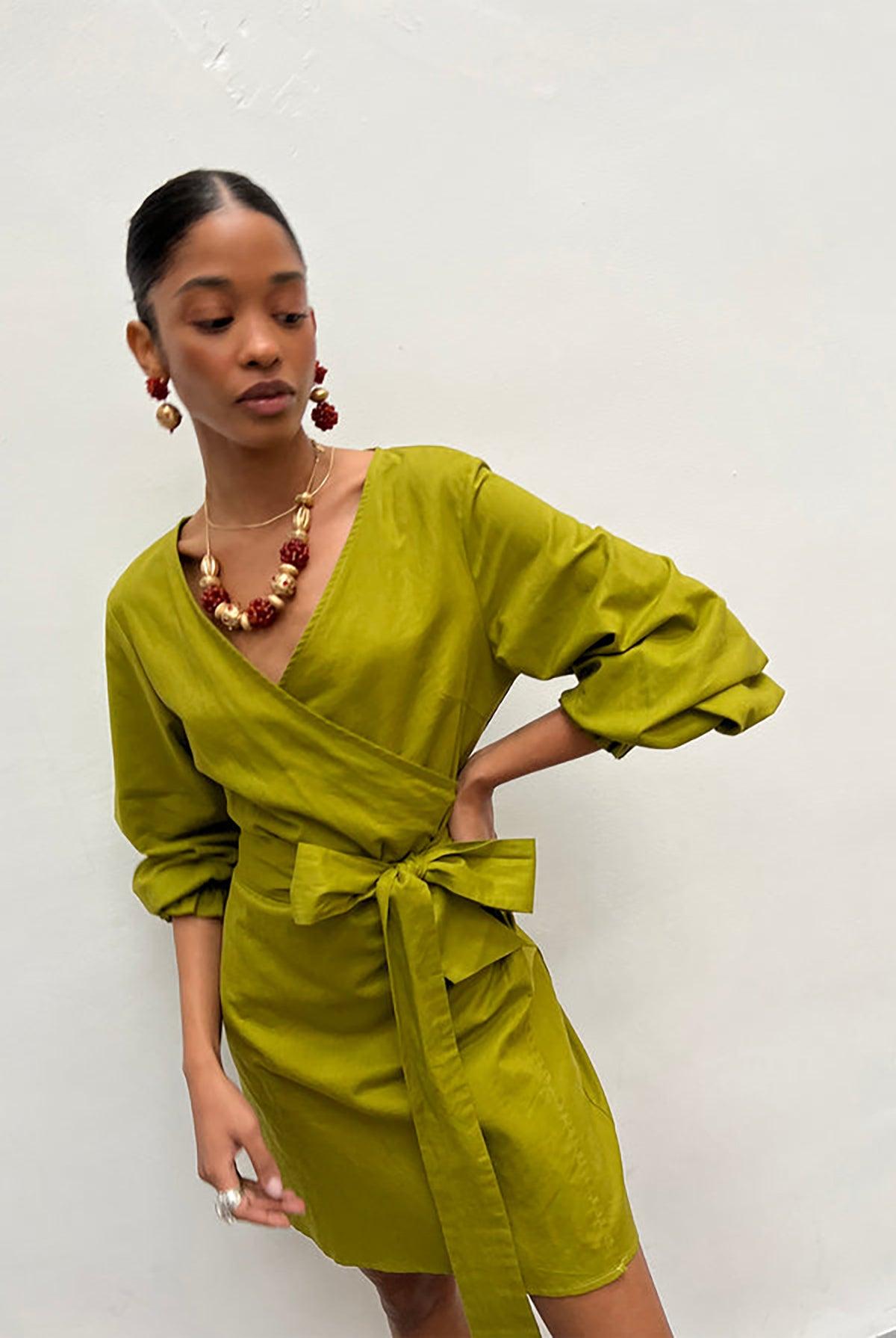 Never Fully Dressed Olive Linen Wrap Dress in Green | Lyst