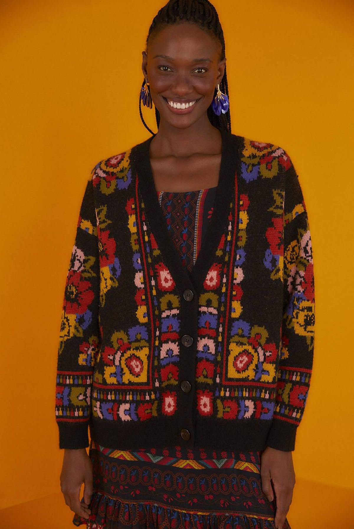 FARM Rio Synthetic Black Flowers Tapestry Cardigan Lyst