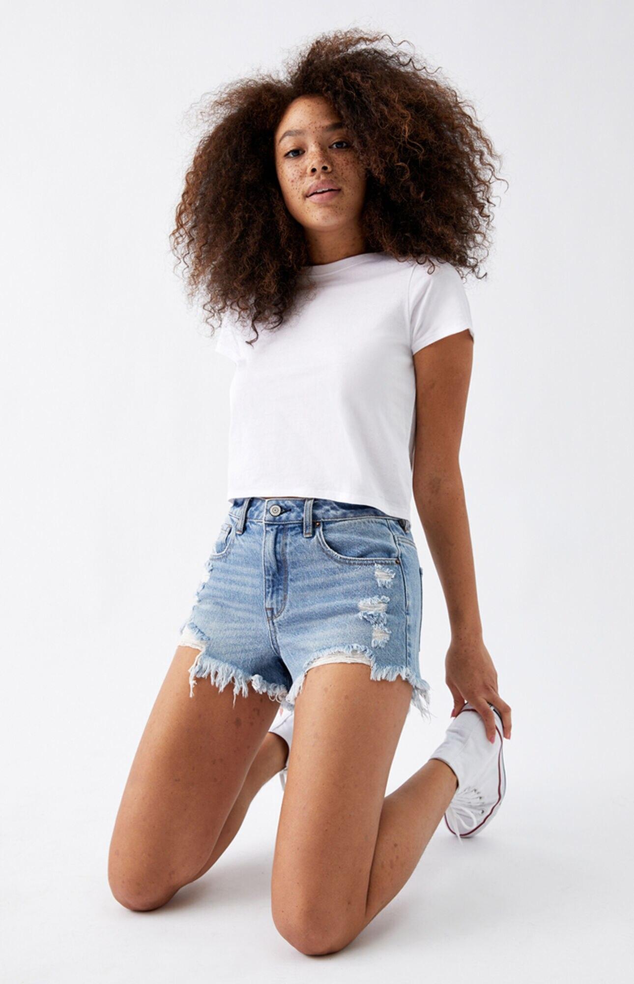 PacSun Lido Blue High Waisted Denim Festival Shorts | Lyst