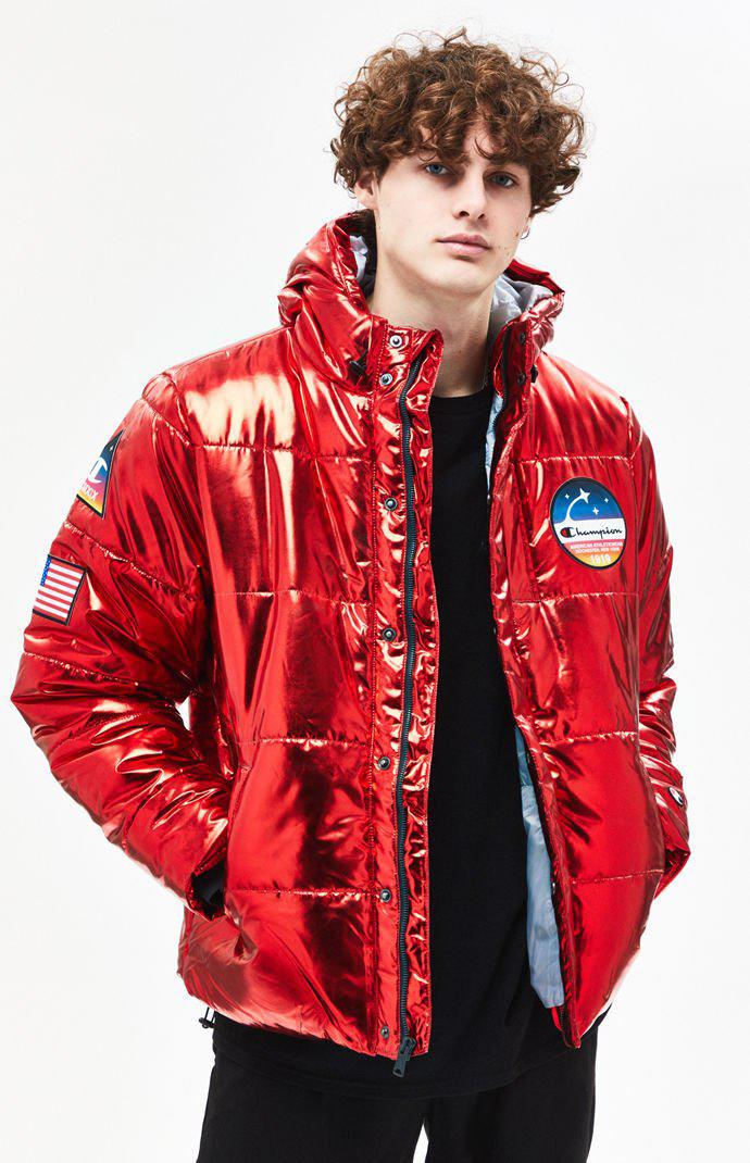 red metallic champion puffer jacket