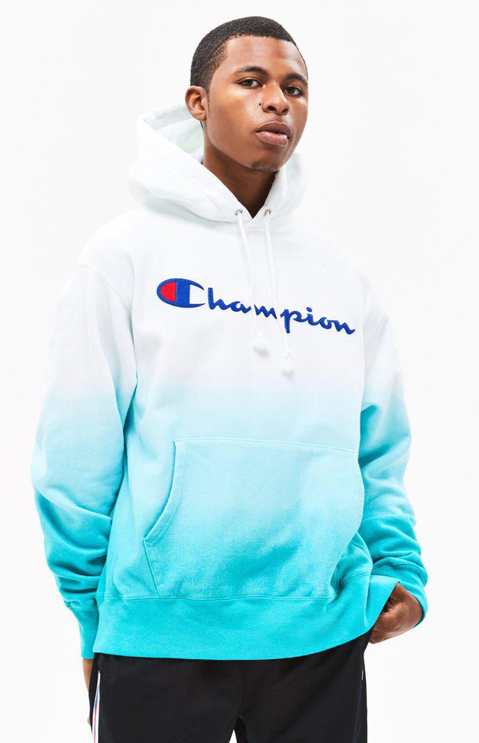 blue and white champion hoodie