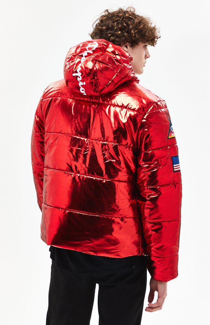 red champion metallic puffer jacket
