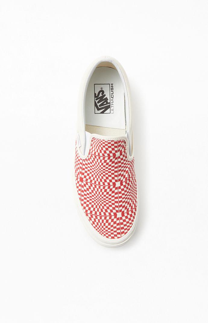 vans checkerboard slip on red drip