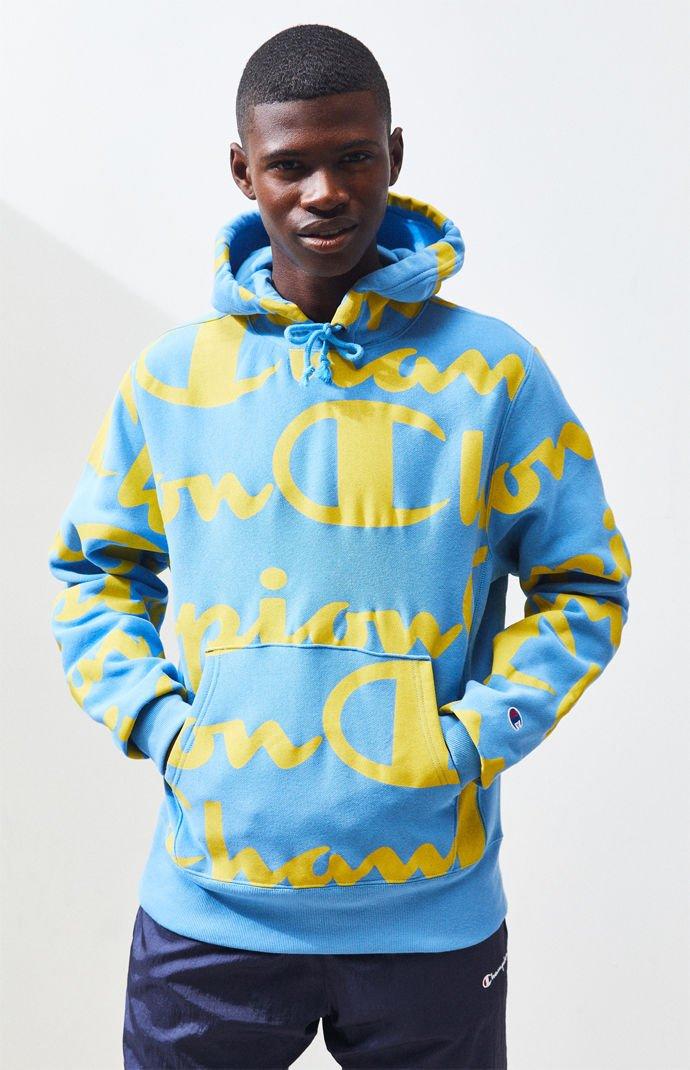 champion hoodie yellow and blue