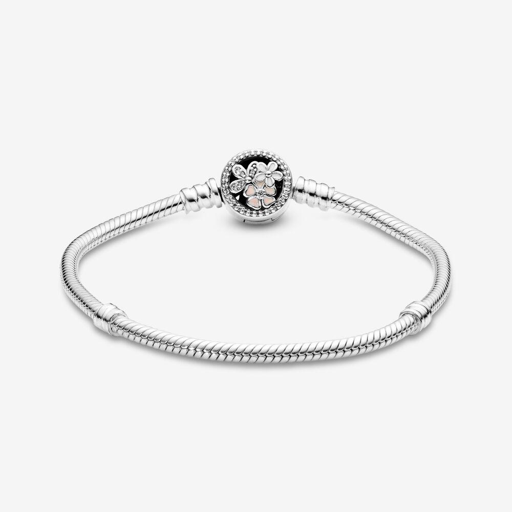 PANDORA Moments Flower Clasp Snake Chain Bracelet in Metallic Lyst