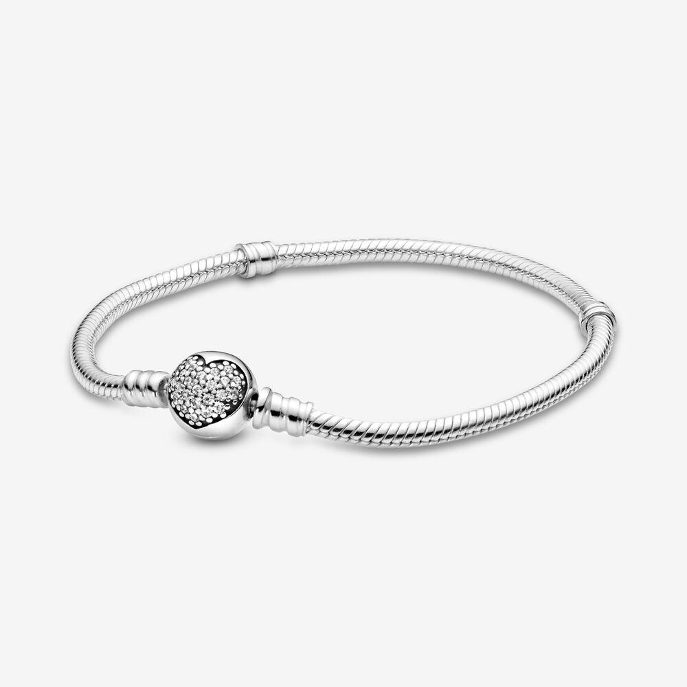 PANDORA Moments Sparkling Heart Clasp Snake Chain Bracelet in Metallic