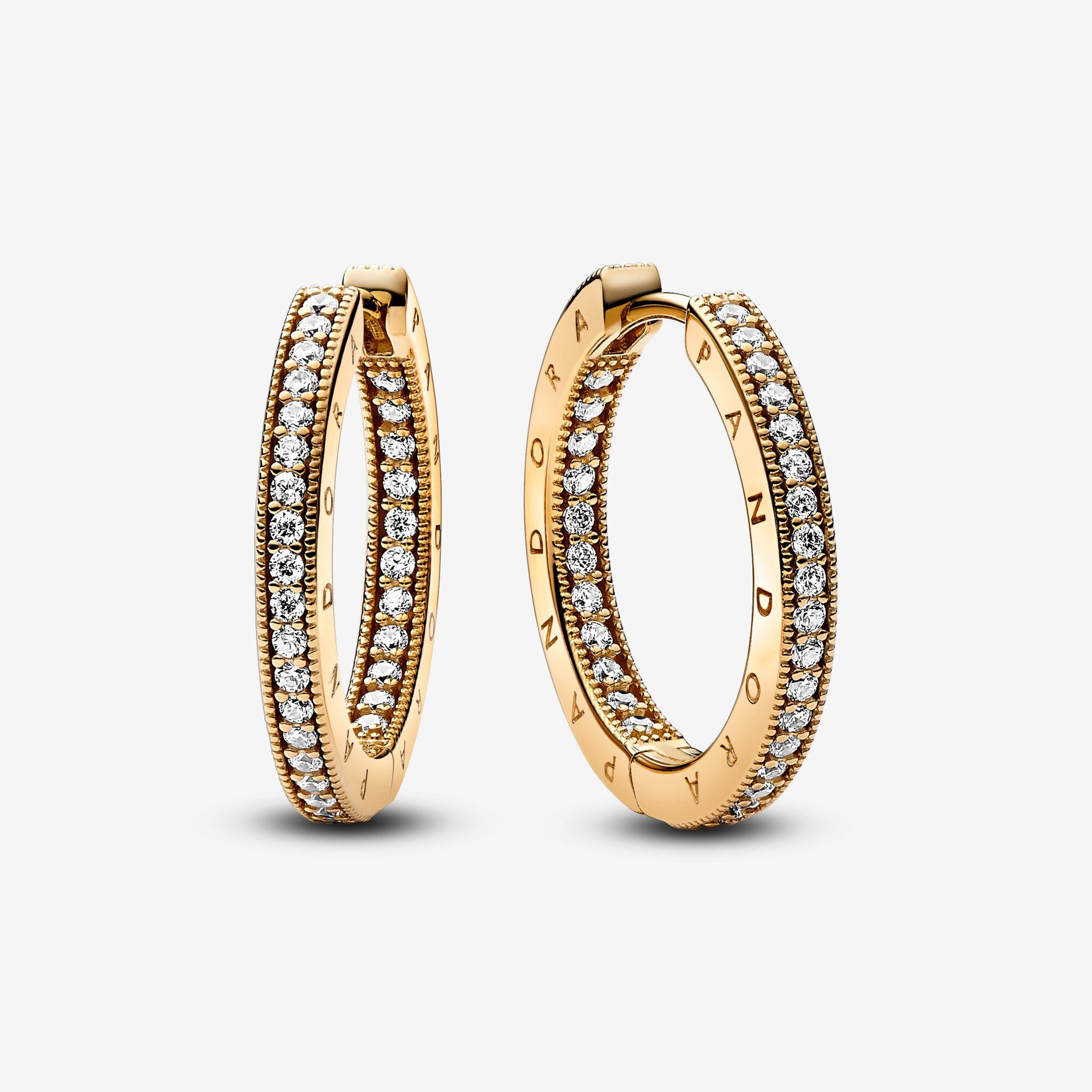 PANDORA Signature Logo \u0026 Pav\u00e9 Hoop Earrings in Metallic | Lyst