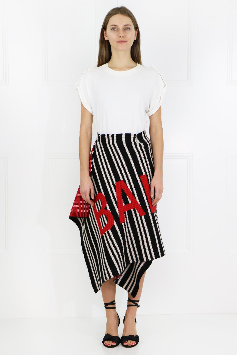 Balenciaga Denim Logo Knit Wrap Skirt Black/white/red - Lyst
