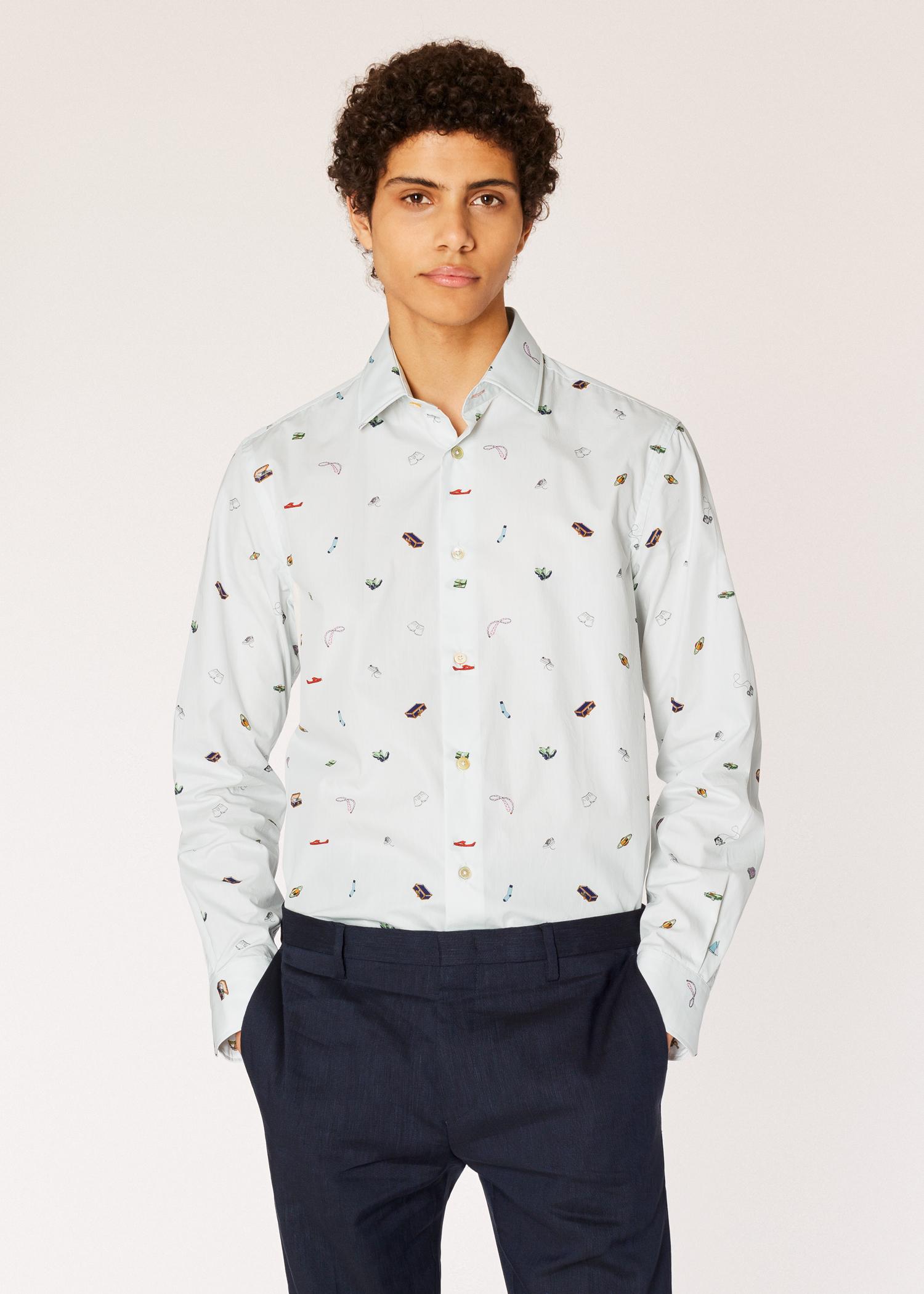 mens tailored-fit off-white holiday print cotton shirt with 