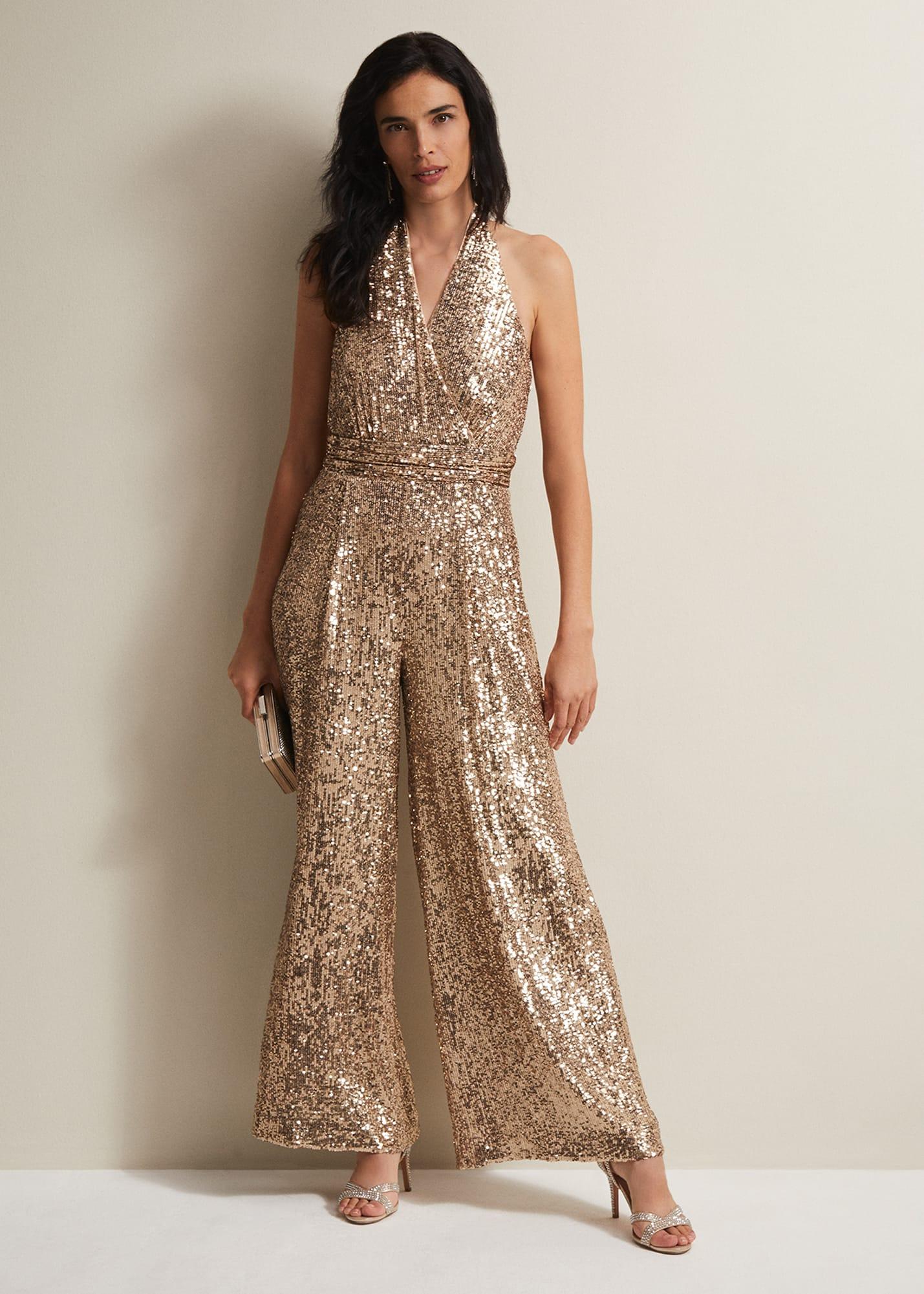 Phase Eight Clarabella Sequin Halterneck Jumpsuit in Natural Lyst UK