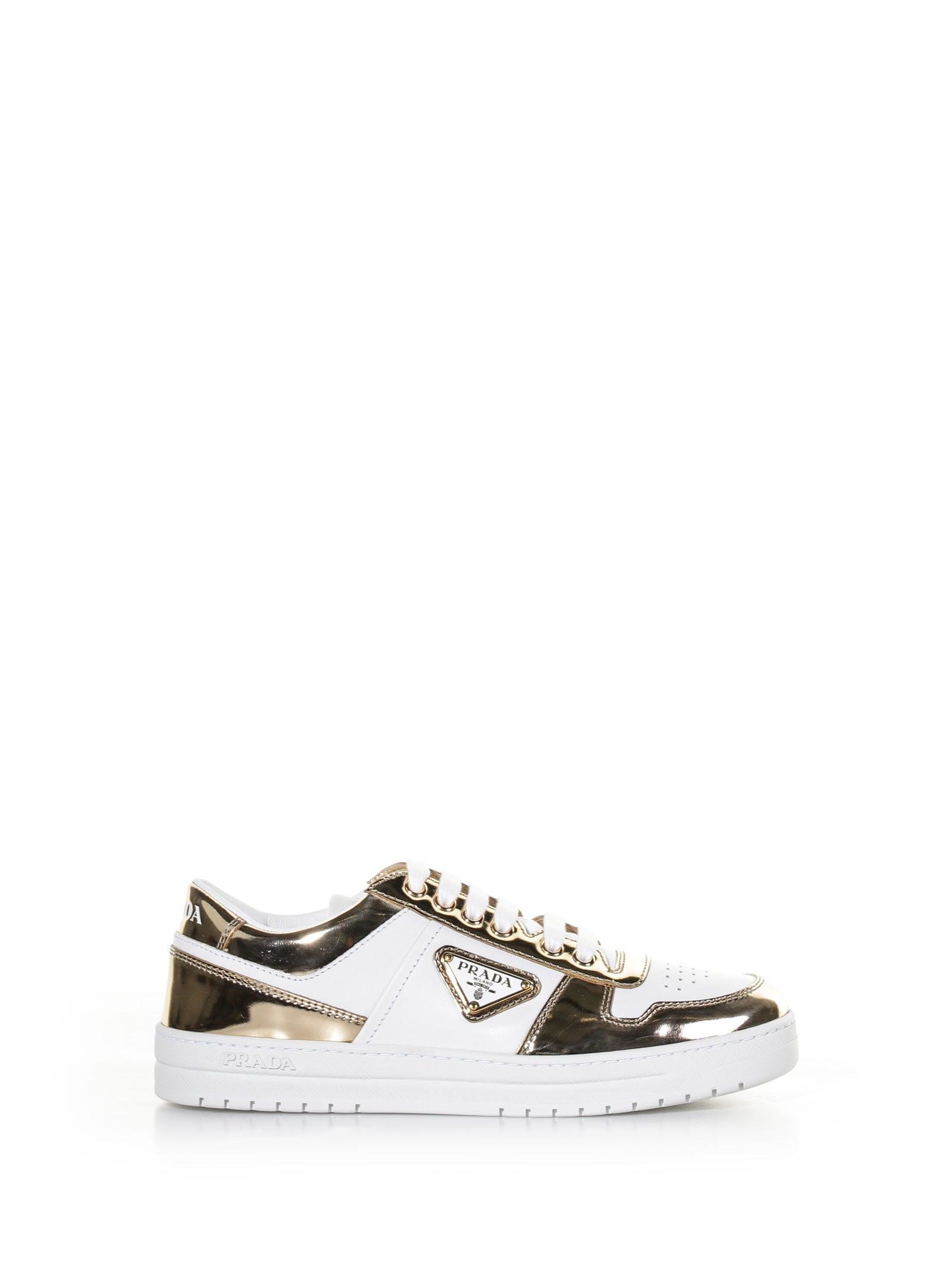Prada Downtown Sneakers In Metallic Leather in White | Lyst