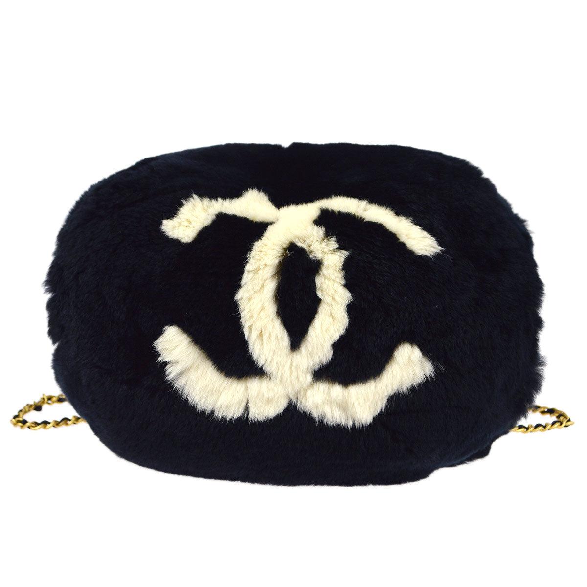 Chanel 2001 Cc Logo Muff Black Fur Satchel in Blue
