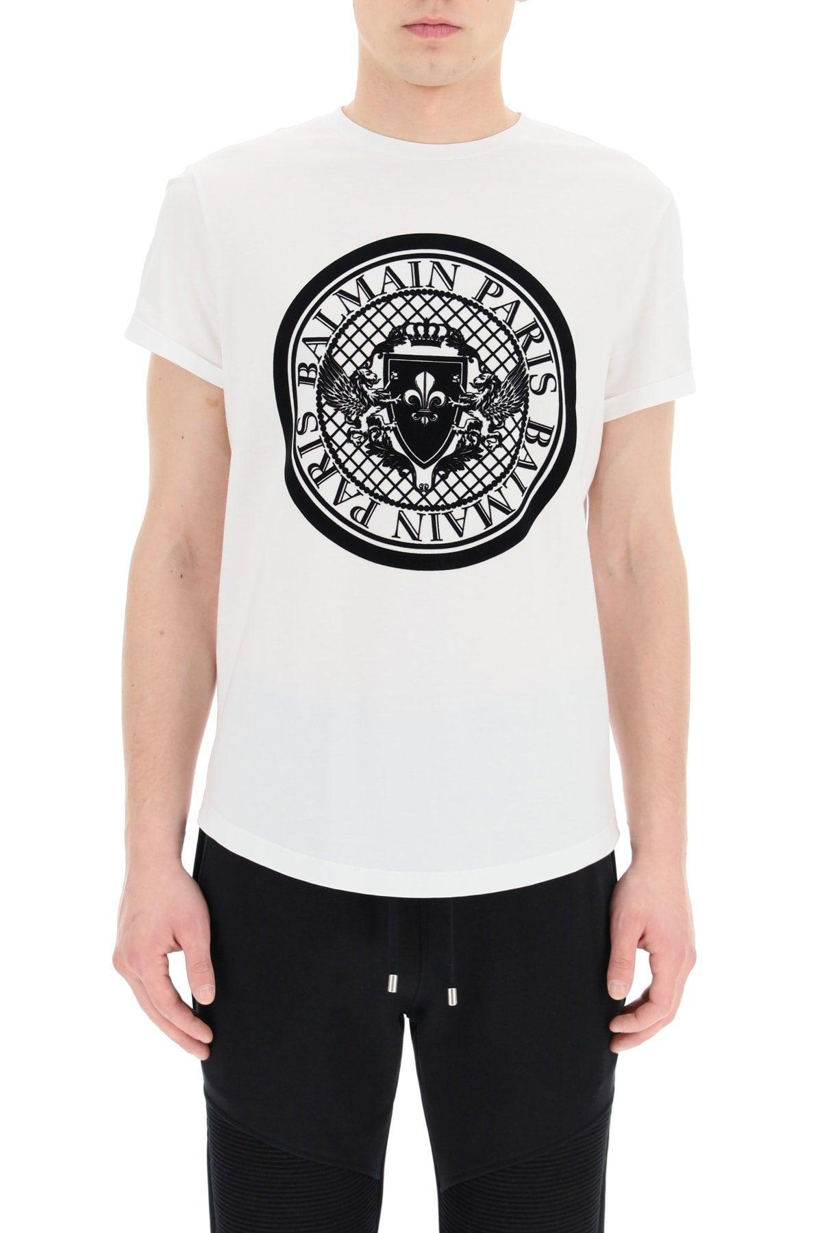 Balmain T-shirt With Flock Medallion Logo in Gray for Men | Lyst