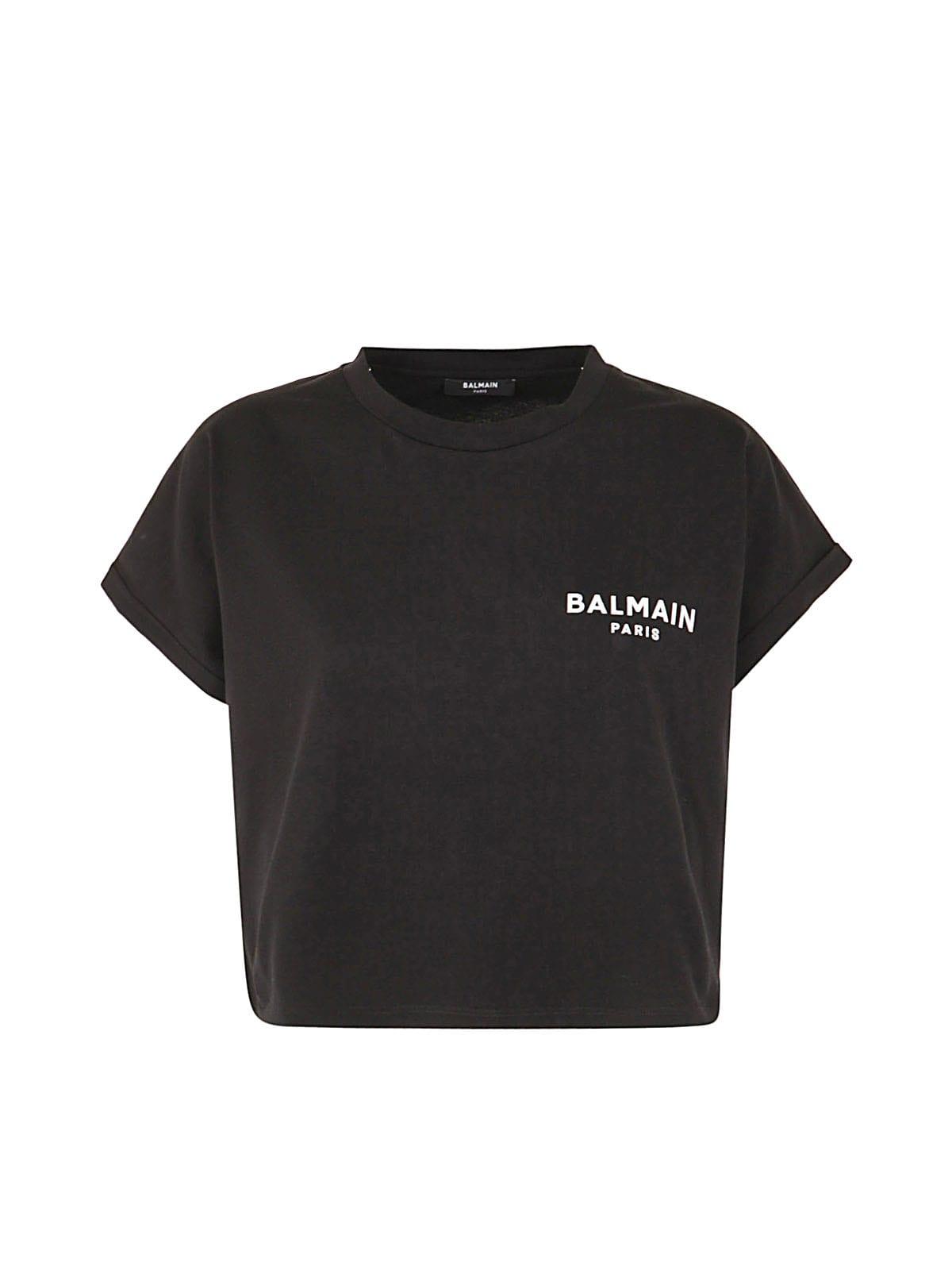 balmain cropped flocked cotton jersey t shirt