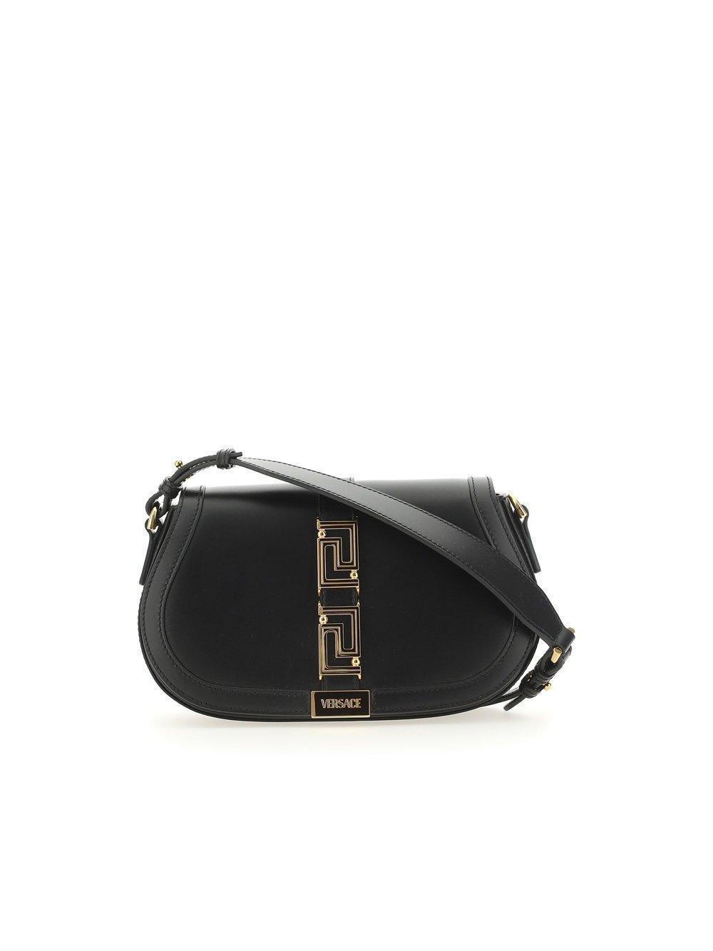 Versace Greca Goddess Foldover Top Shoulder Bag in Black