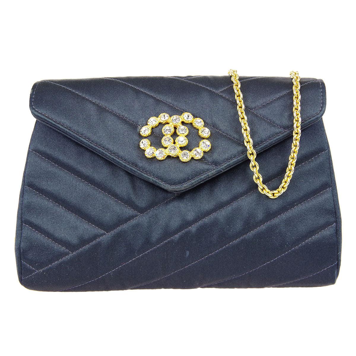 Chanel 1991-1994 Navy Satin Diagonal Crystal & Gold Cc Evening Bag in Blue