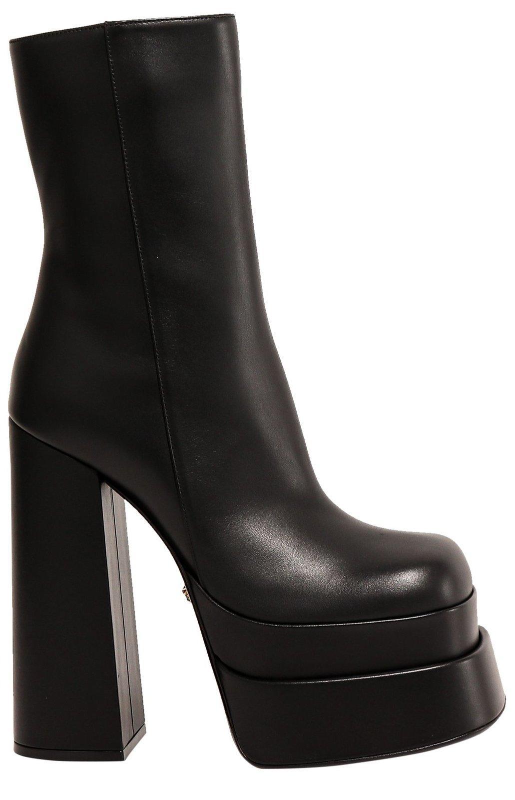 Versace Block Heel Platform Boots in Black | Lyst