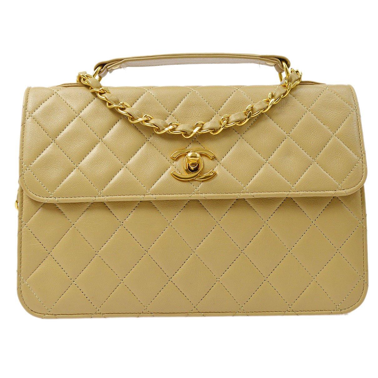 Chanel 1986-1988 Single Turnlock Handbag Beige Lambskin in