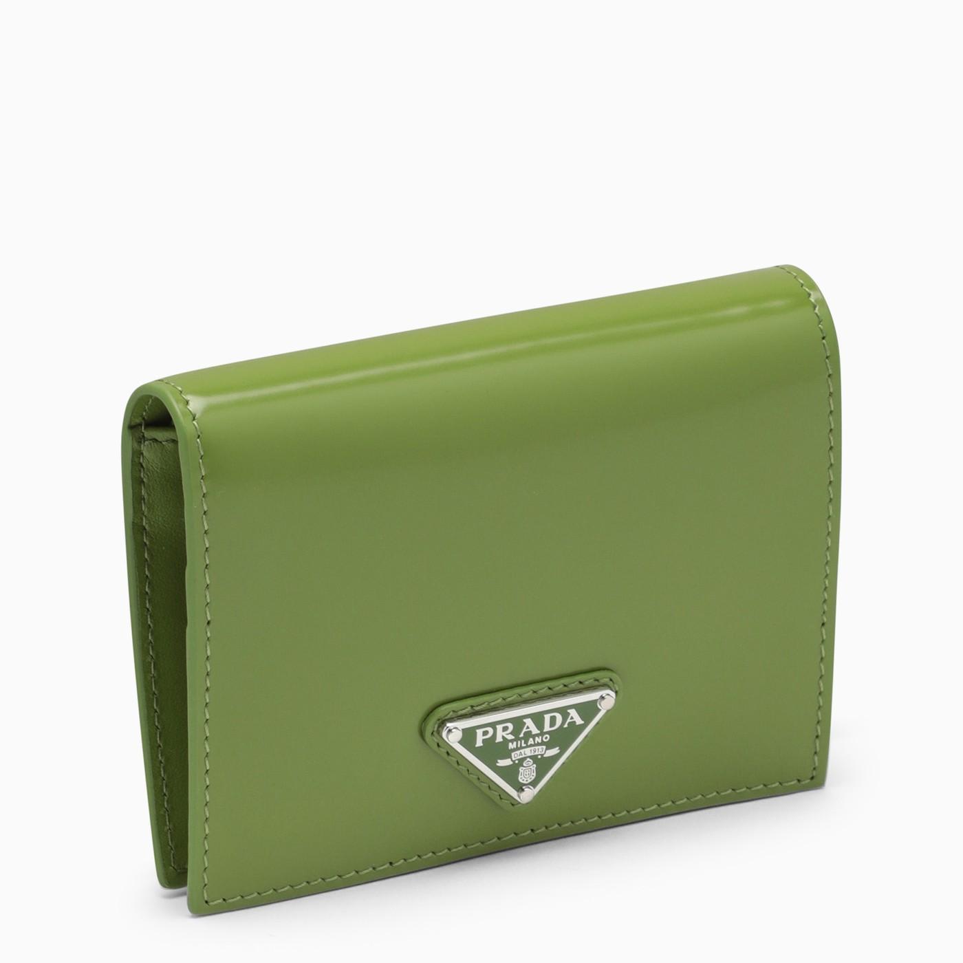 Green saffiano leather bi-fold wallet with studs