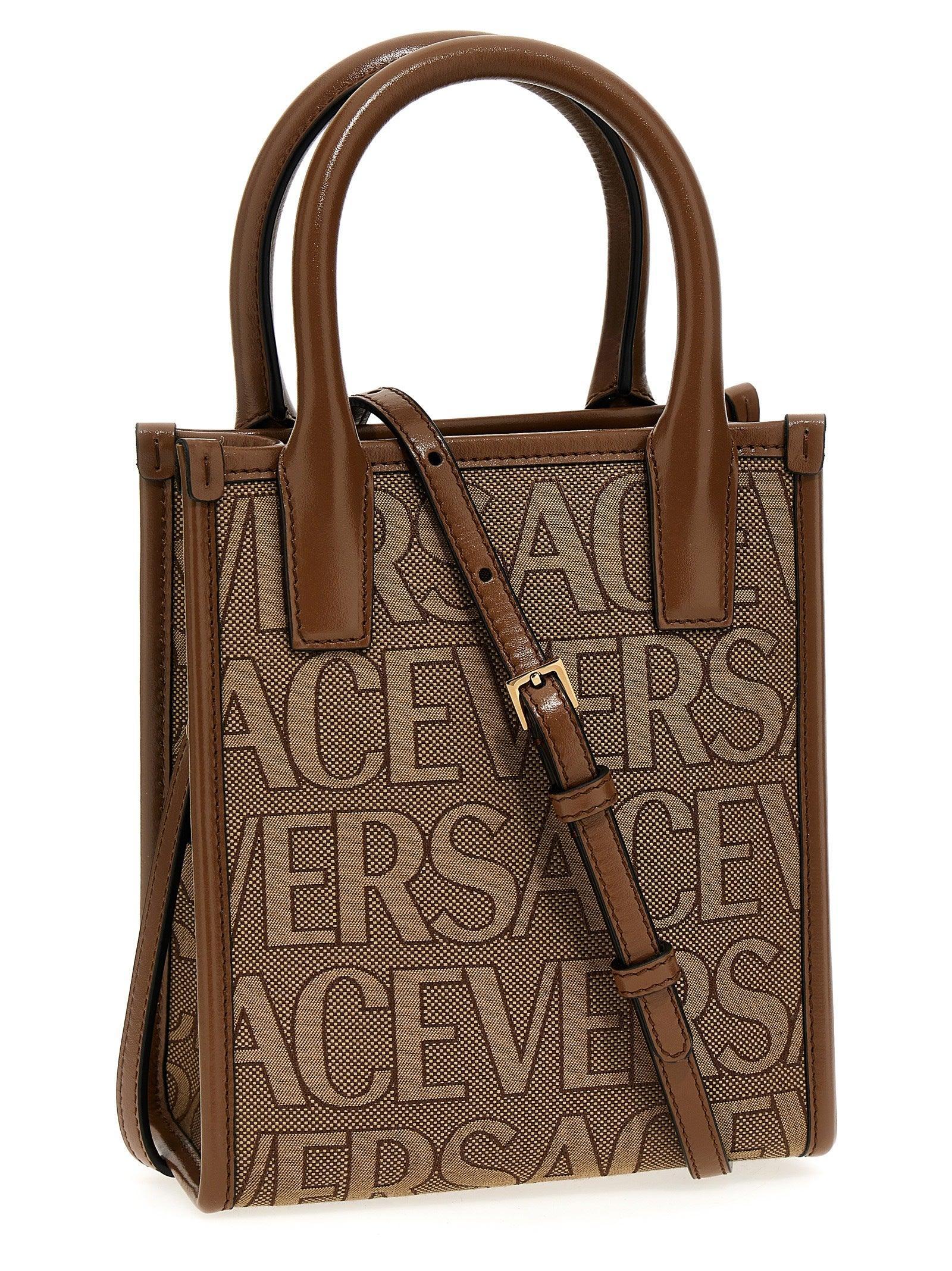 Versace Logo Jacquard Mini Tote Bag in Brown