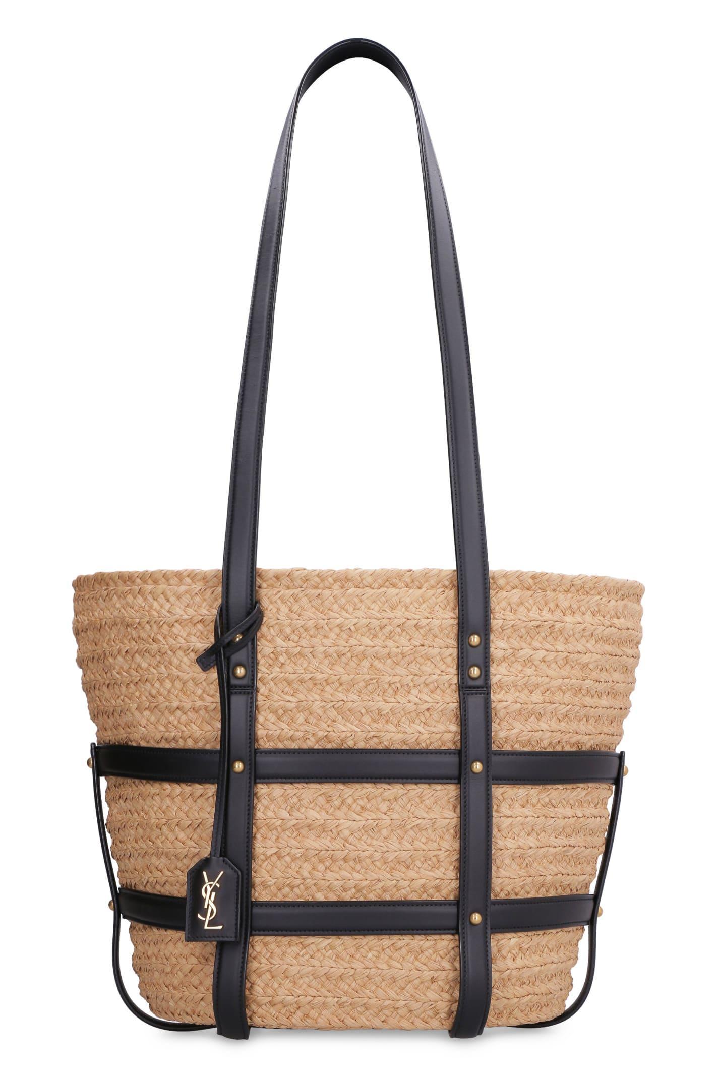 Beige Panier YSL-plaque leather-trim raffia basket bag, Saint Laurent