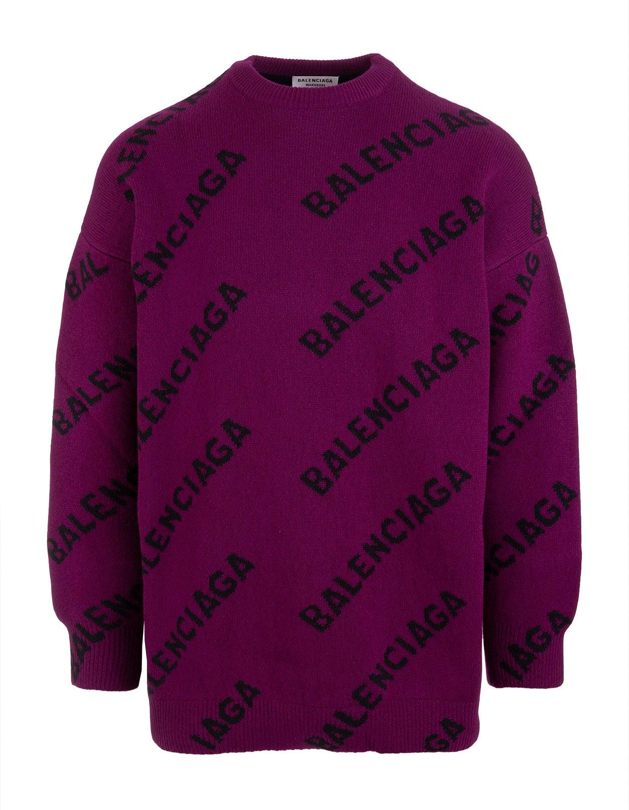 Balenciaga Wool Woman Purple Oversized Sweater With All-over Black Logo -  Women - Save 45% | Lyst