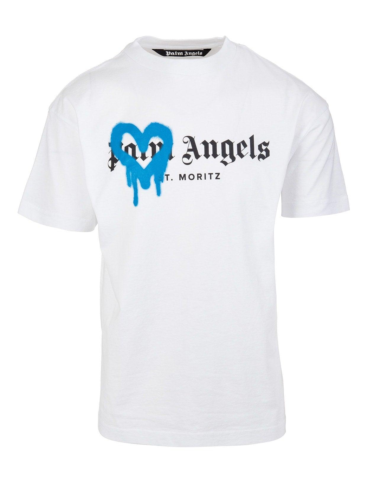 Palm Angels Man White And Royal Blue Spray Logo St. Moritz T-shirt for Men