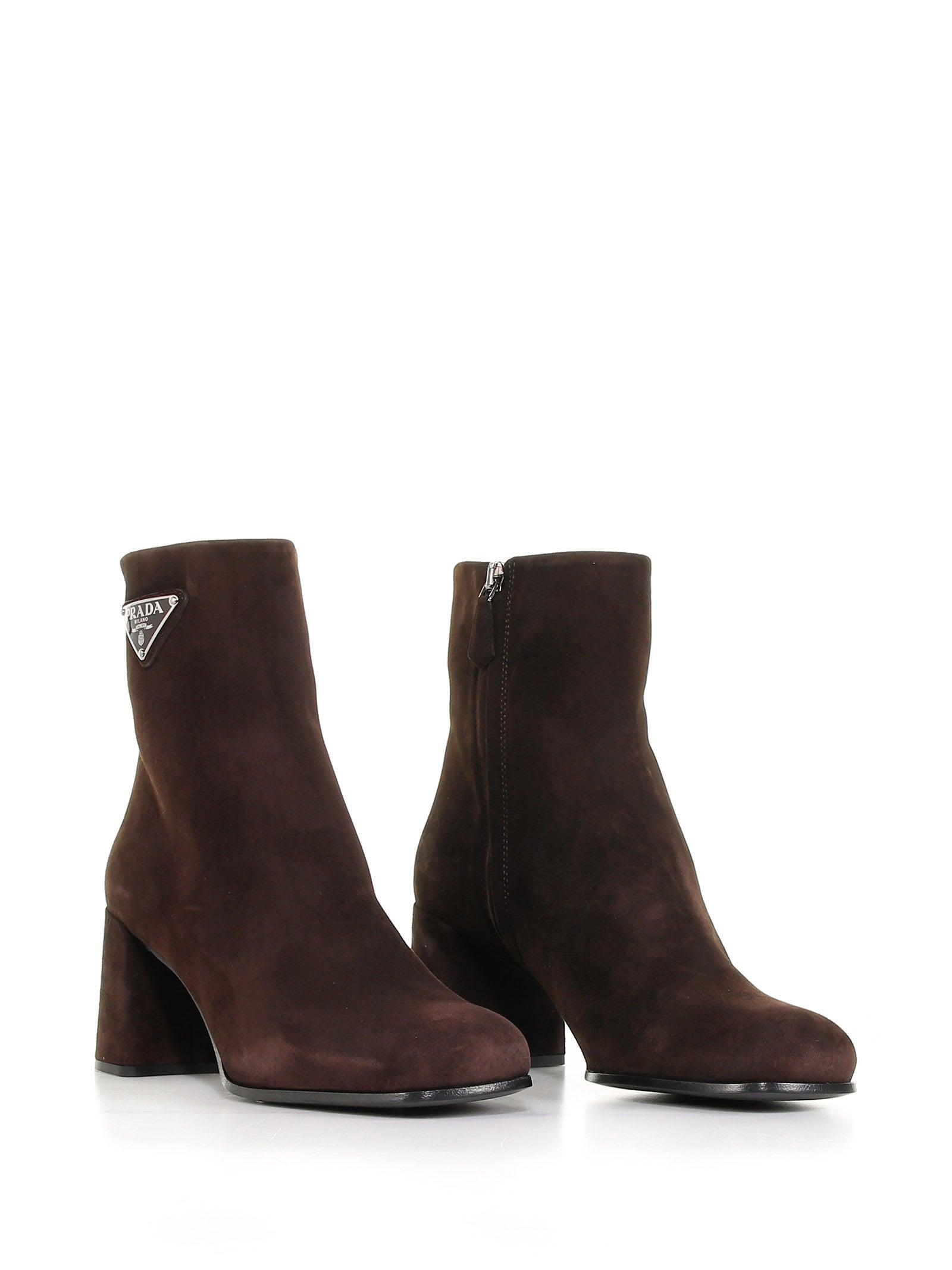 Prada Suede Ankle Boot With Heel in Brown | Lyst