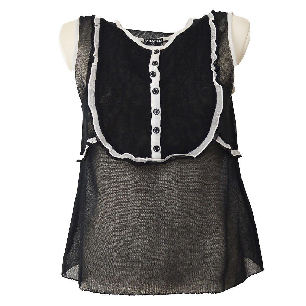 Chanel Black/White Cotton Blend Lace Sleeveless Top Size 2/36