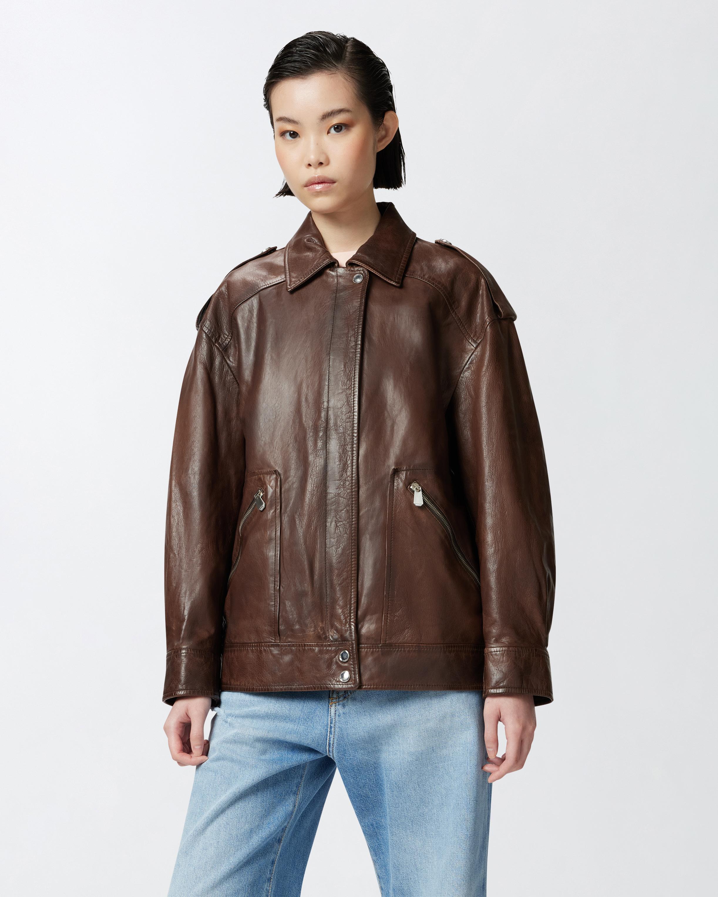 レザージャケット・コート Pinko FEVER WASHED LEATHER JACKET WITH COLLAR Pinko Washed Leather Jacket With Collar in Brown | Lyst
