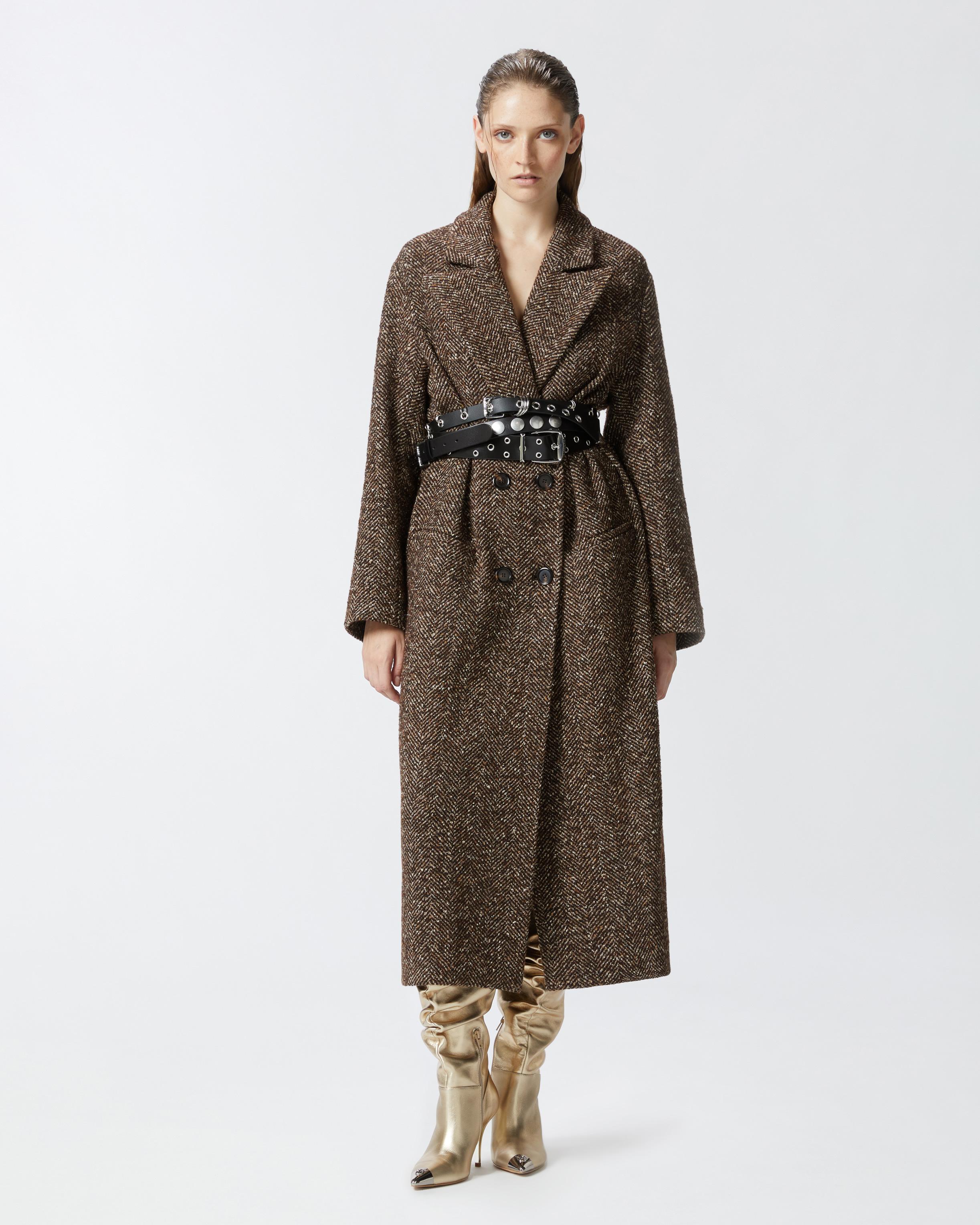 Pinko Long Herringbone Coat With Belt in Brown | Lyst