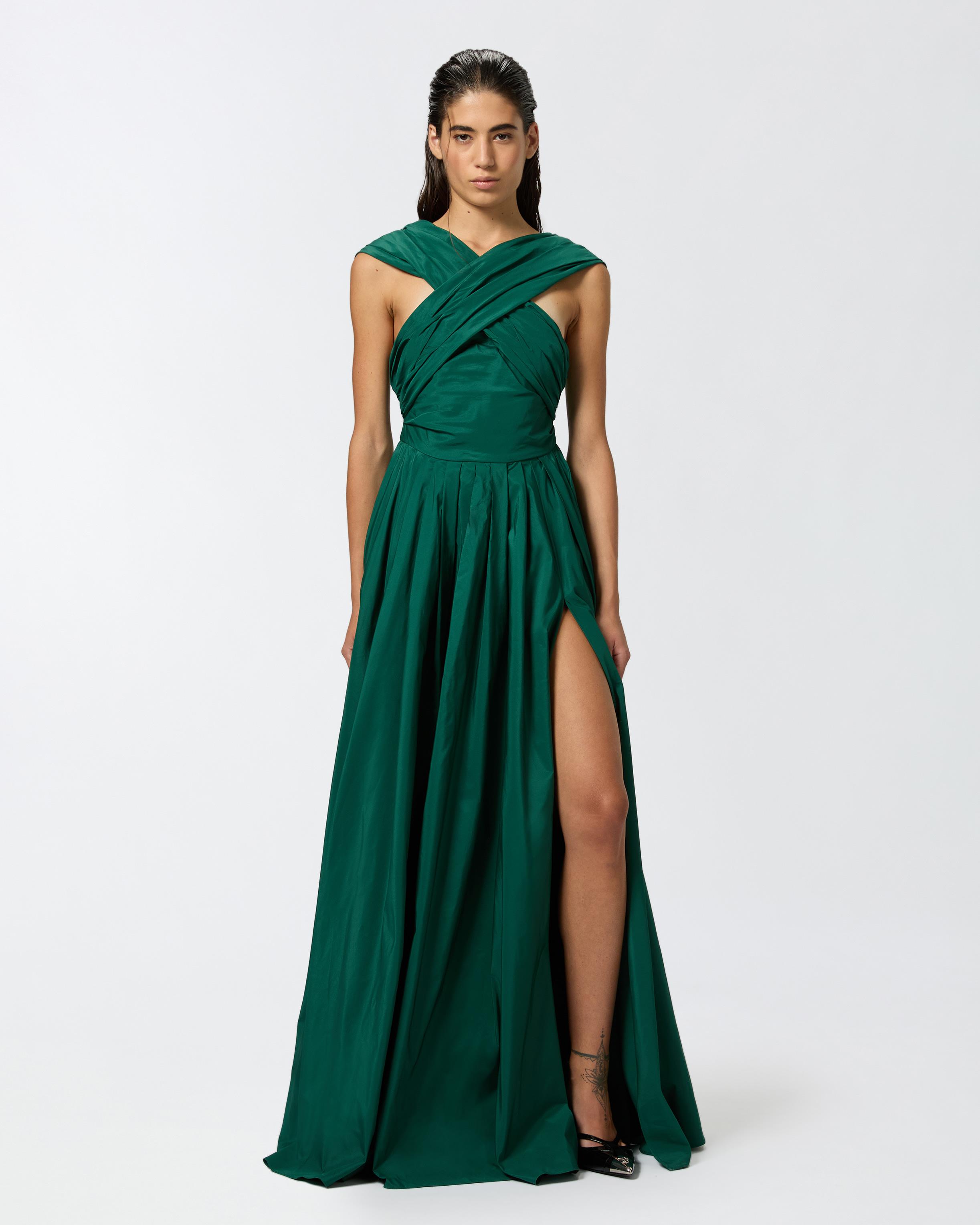 Pinko Elegant Long Taffeta Dress With Open Shoulders in Green