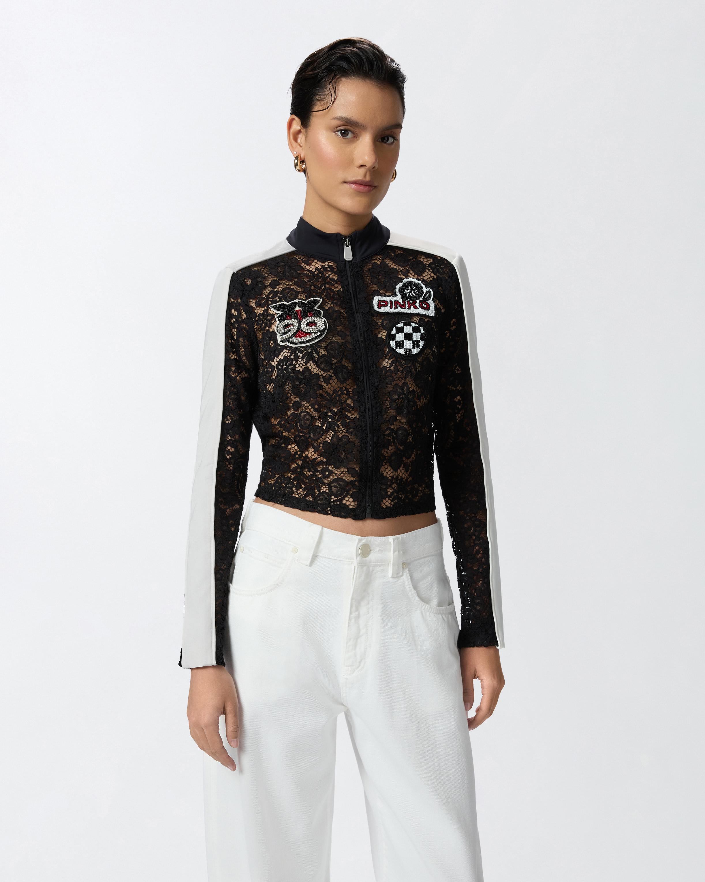 Pinko Light Lace Jacket With Embroidered Patches in Black | Lyst Pinko Light Lace Jacket With Embroidered Patches in Black | Lyst