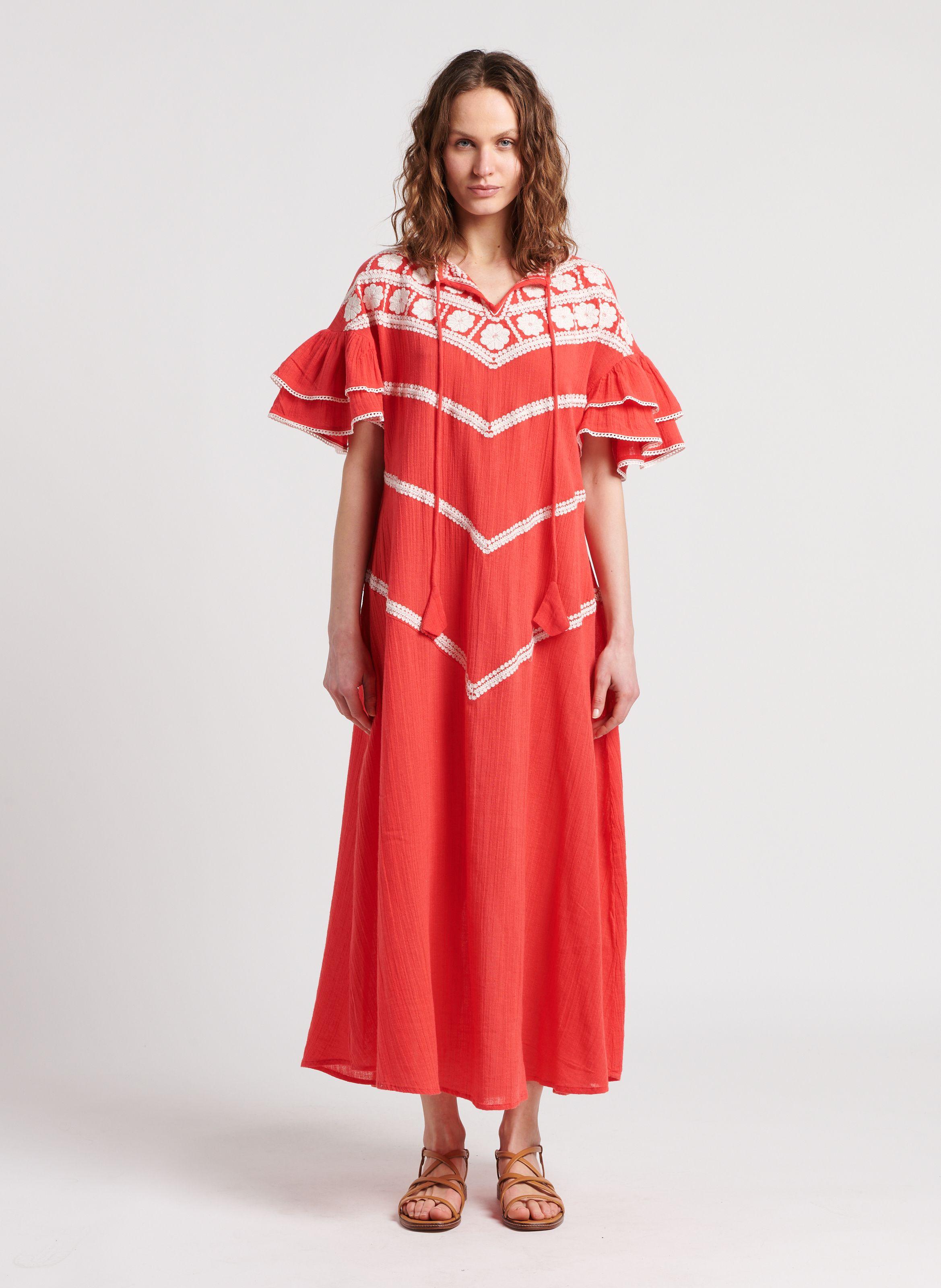 Robe longue ample à col tunisien en coton brodé Stella Forest en coloris  Rouge | Lyst