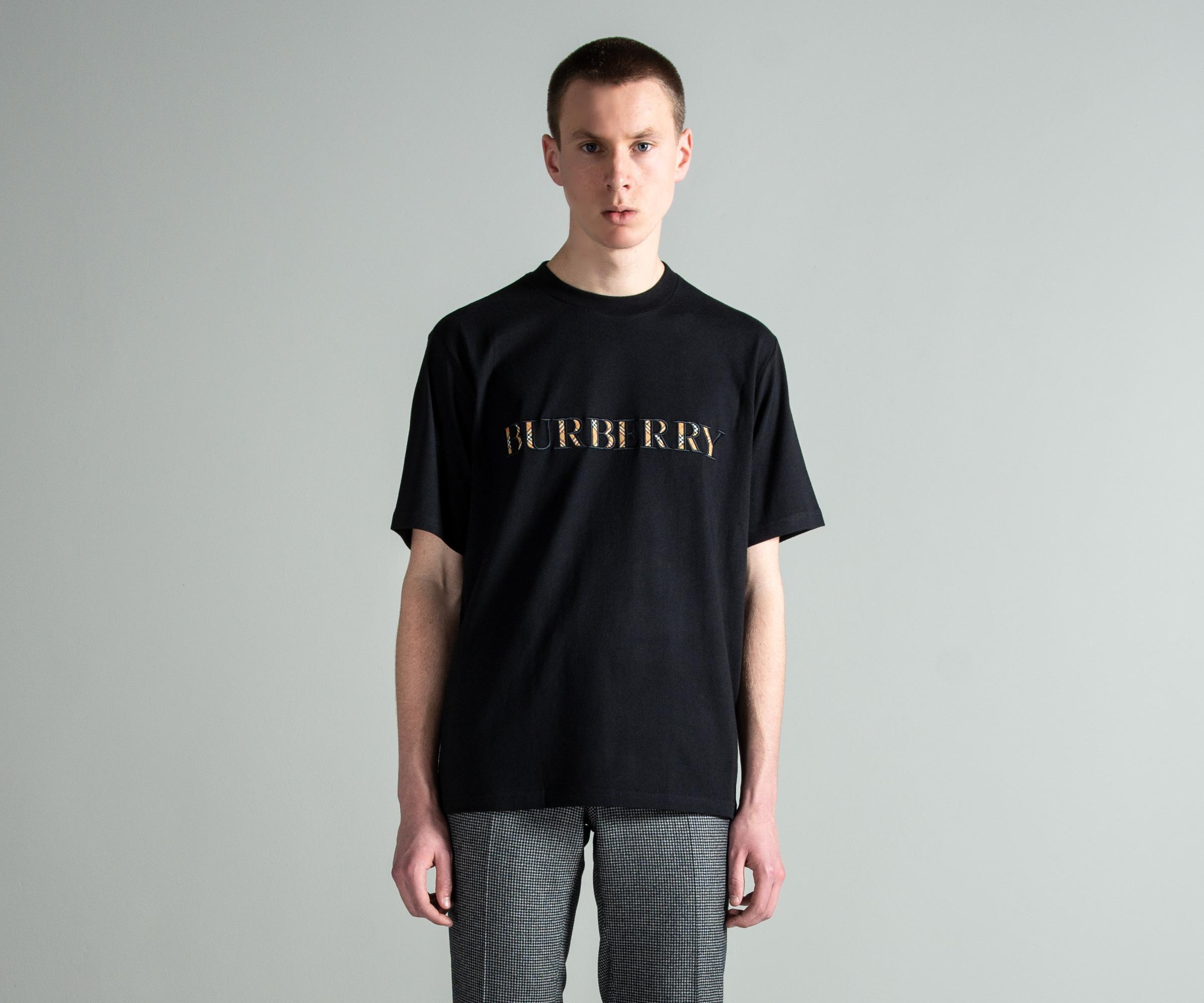 Burberry Check Logo Cotton T-shirt in Black for Men - Lyst
