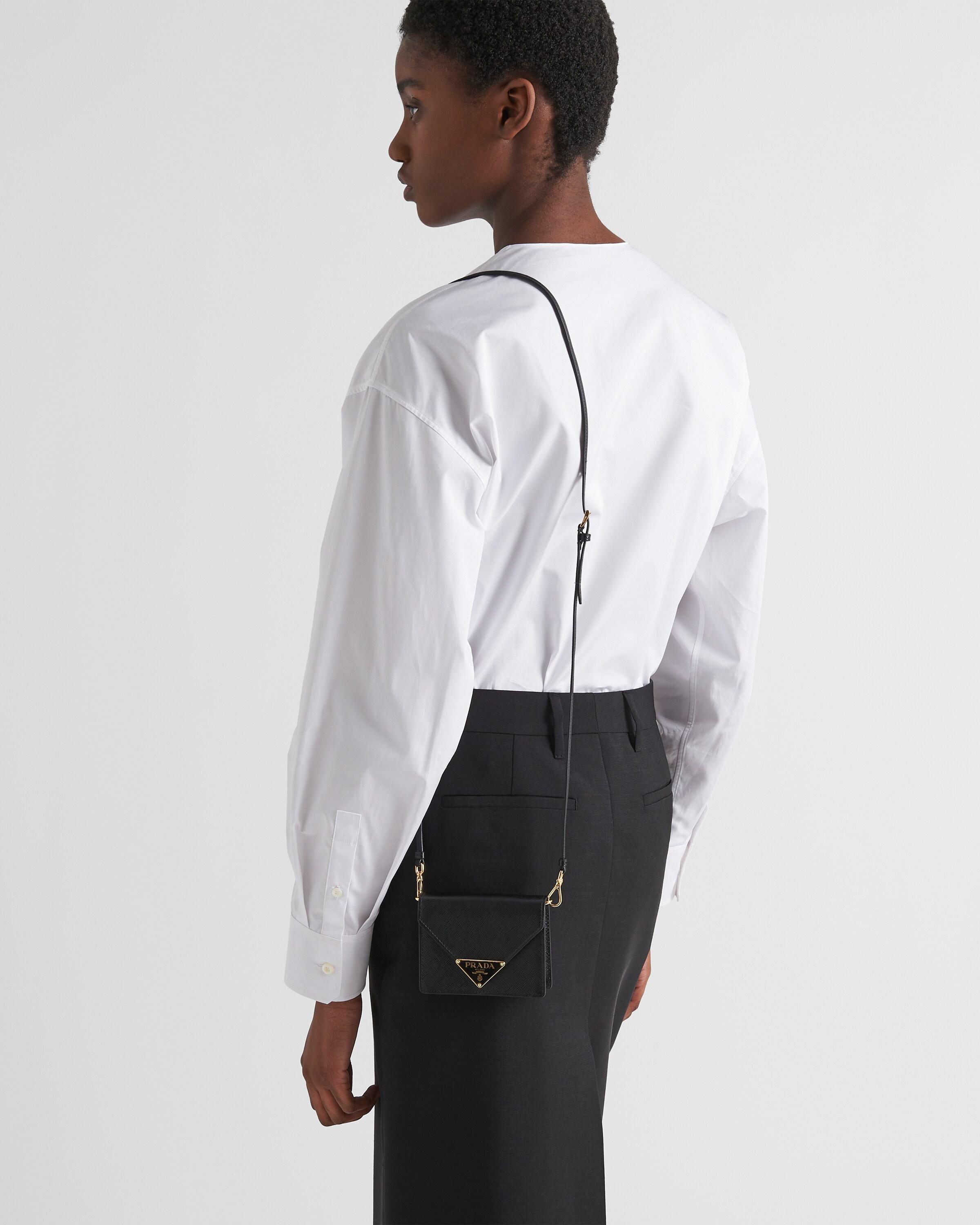 Prada Saffiano Leather Card Holder With Shoulder Strap in Black