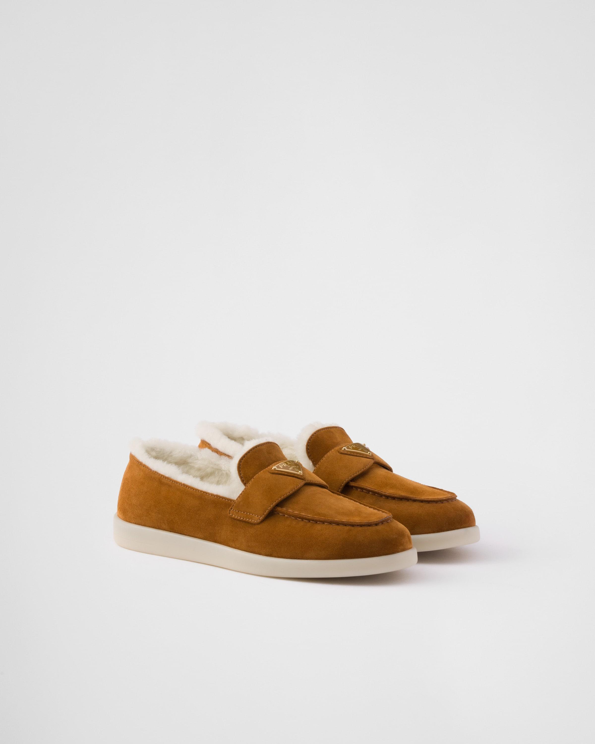 Prada Brown Fuzzy Shearling Loafers with Gold Logo Prada Suede Shearling Triangle Logo Loafer 39 Ecru 1868651  main image 2