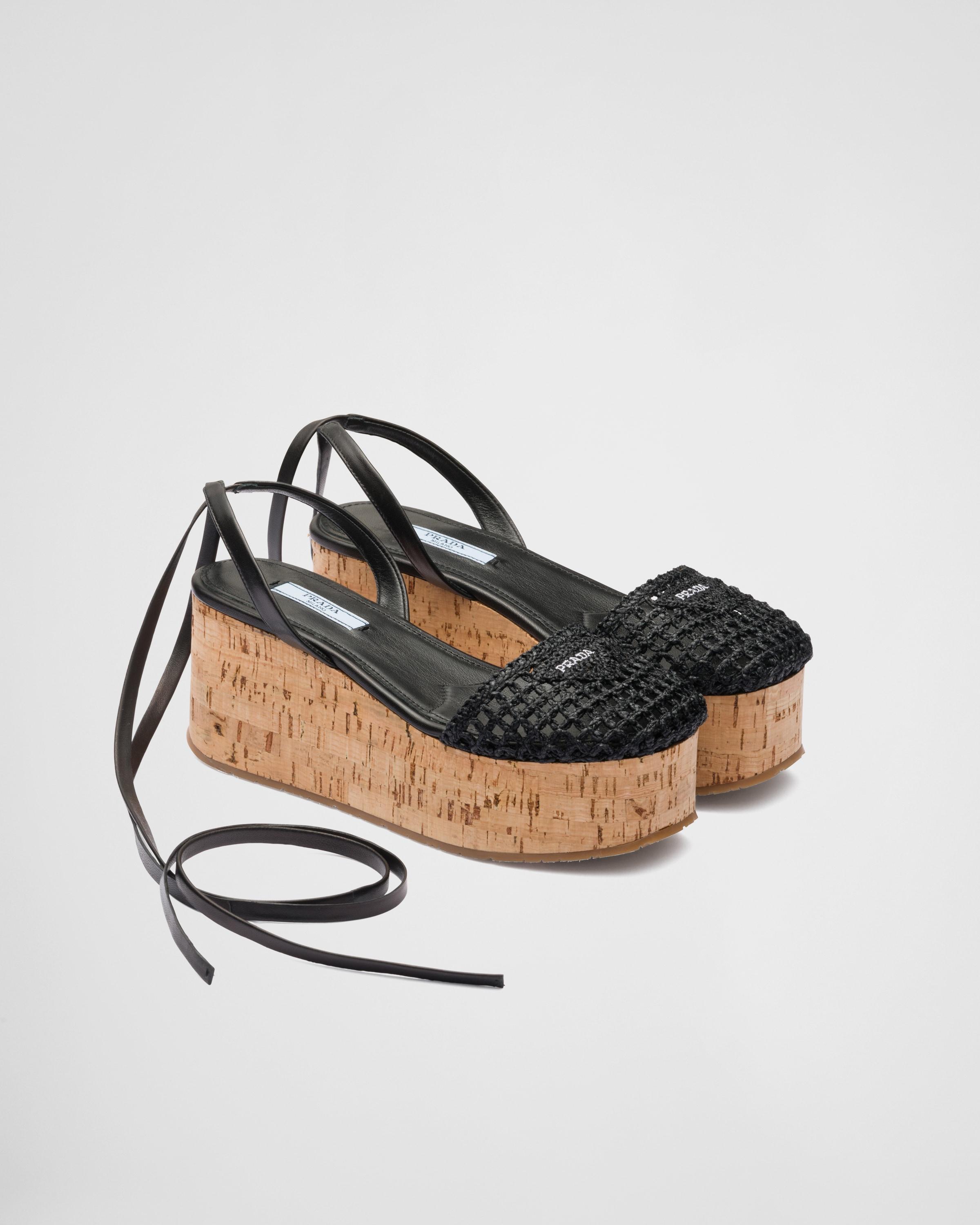 Prada Raffia Wedge Sandals in Black | Lyst