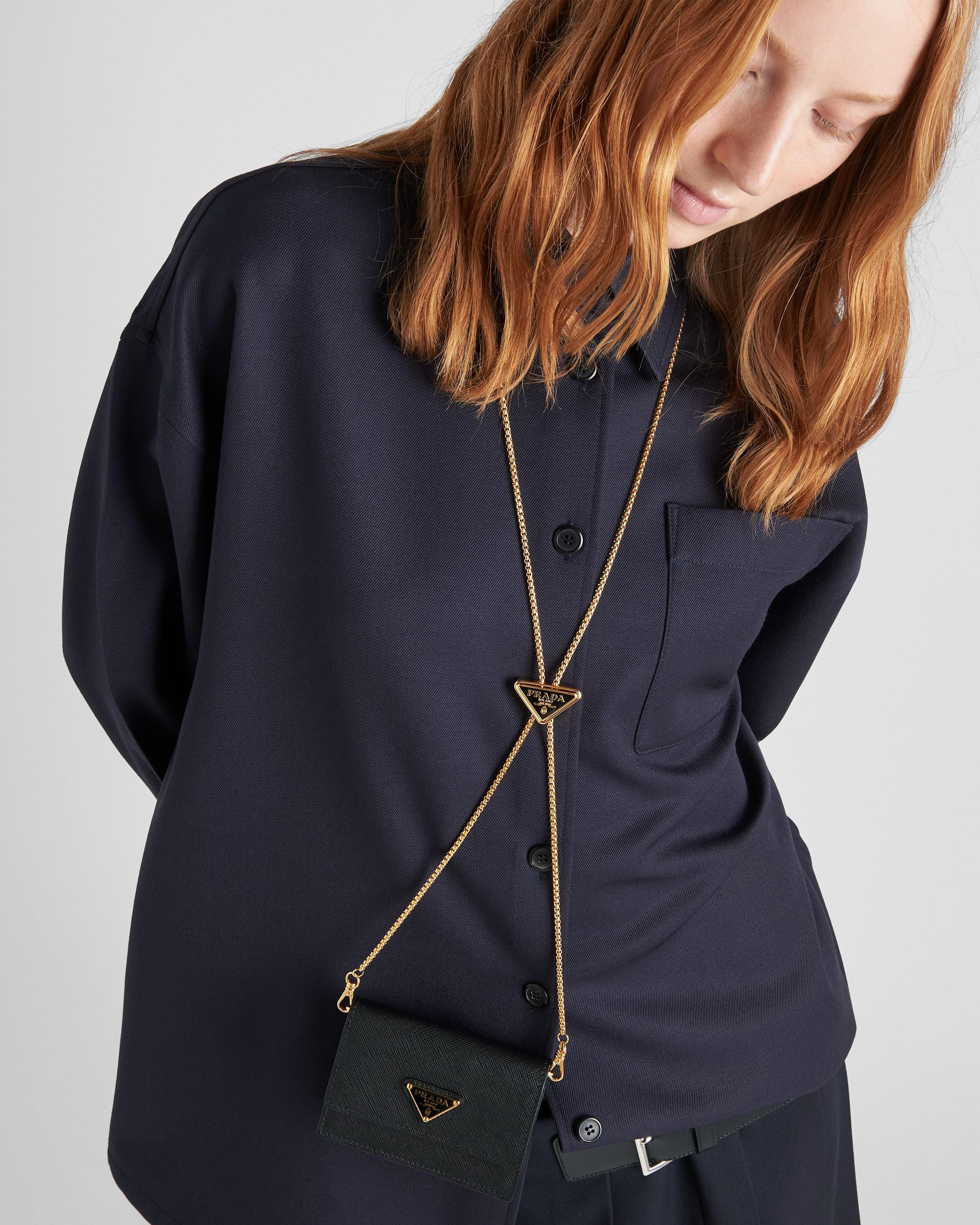 Prada Saffiano Leather Card Holder With Shoulder Strap in Black