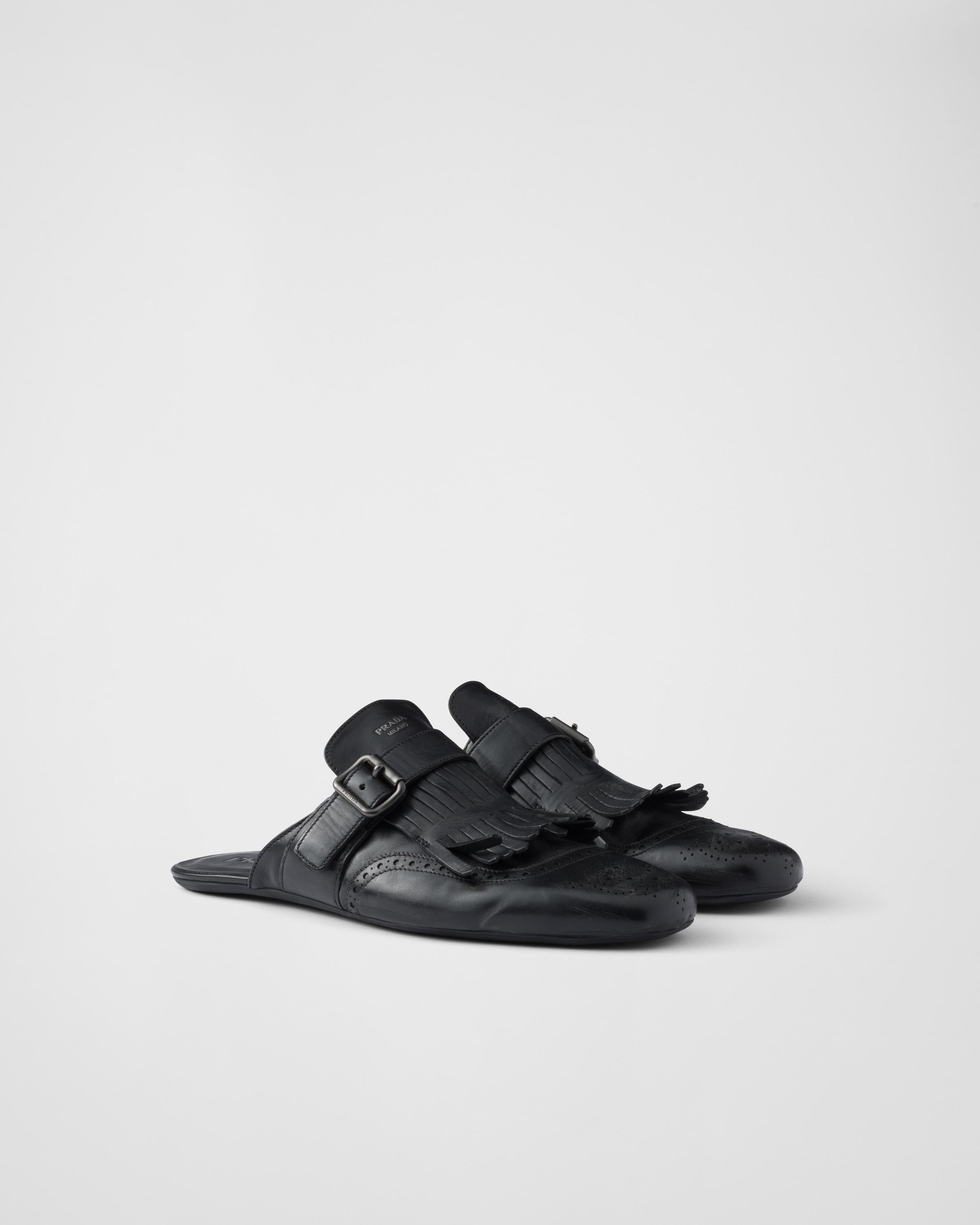 サンダル Prada Shuffle antiqued leather double monk strap mules Chalk White Shuffle Antiqued Leather Double Monk Strap Mules