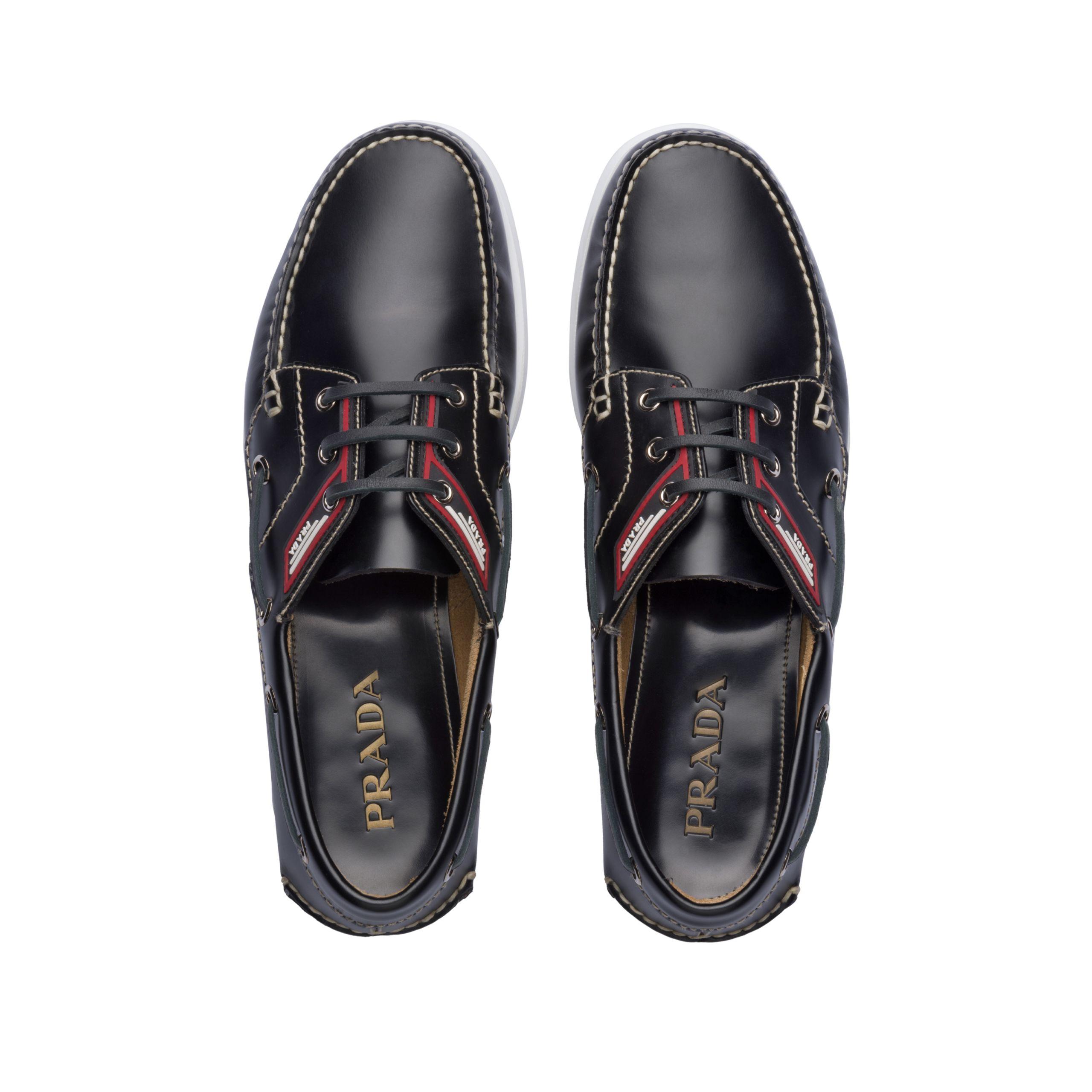 Prada Brushed Leather Boat Shoes in Black for Men | Lyst