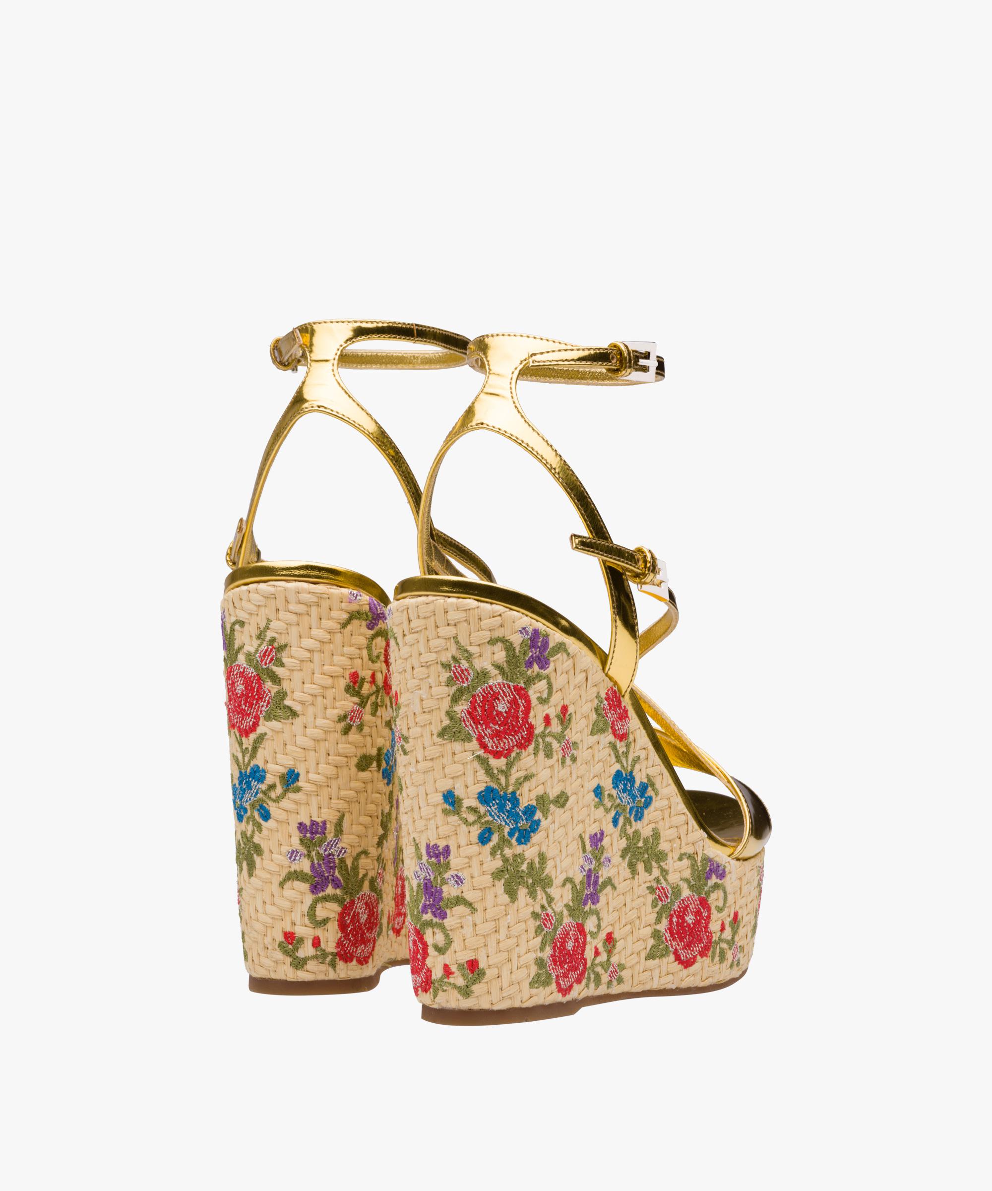 Prada Leather Sandals With Floral Wedge Heel in Gold (Metallic) - Lyst