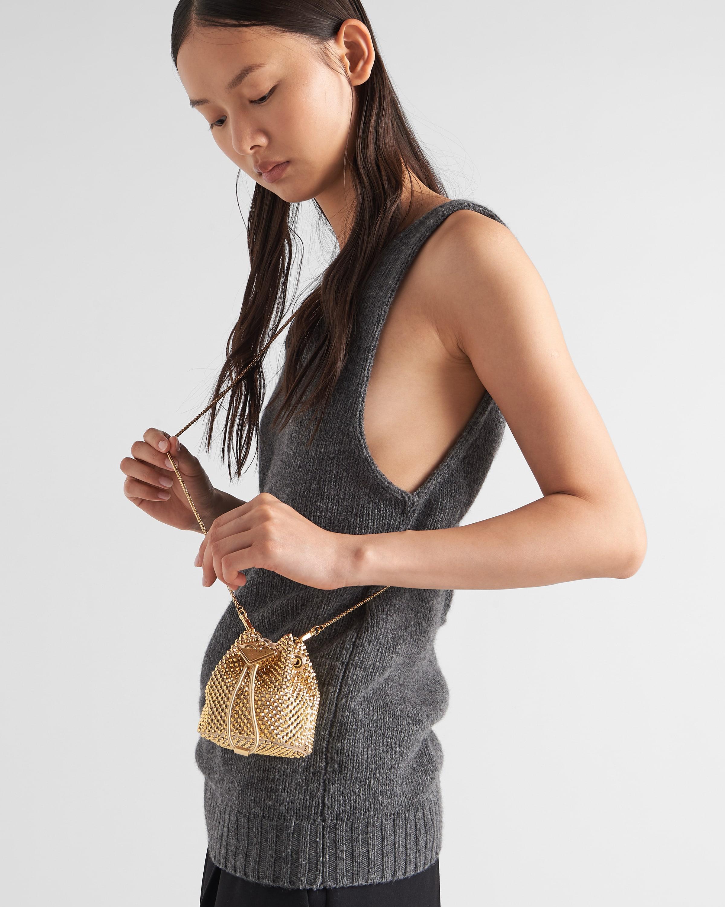 Prada Crystal-Embellished Woven Bucket Bag in Metallic | Lyst