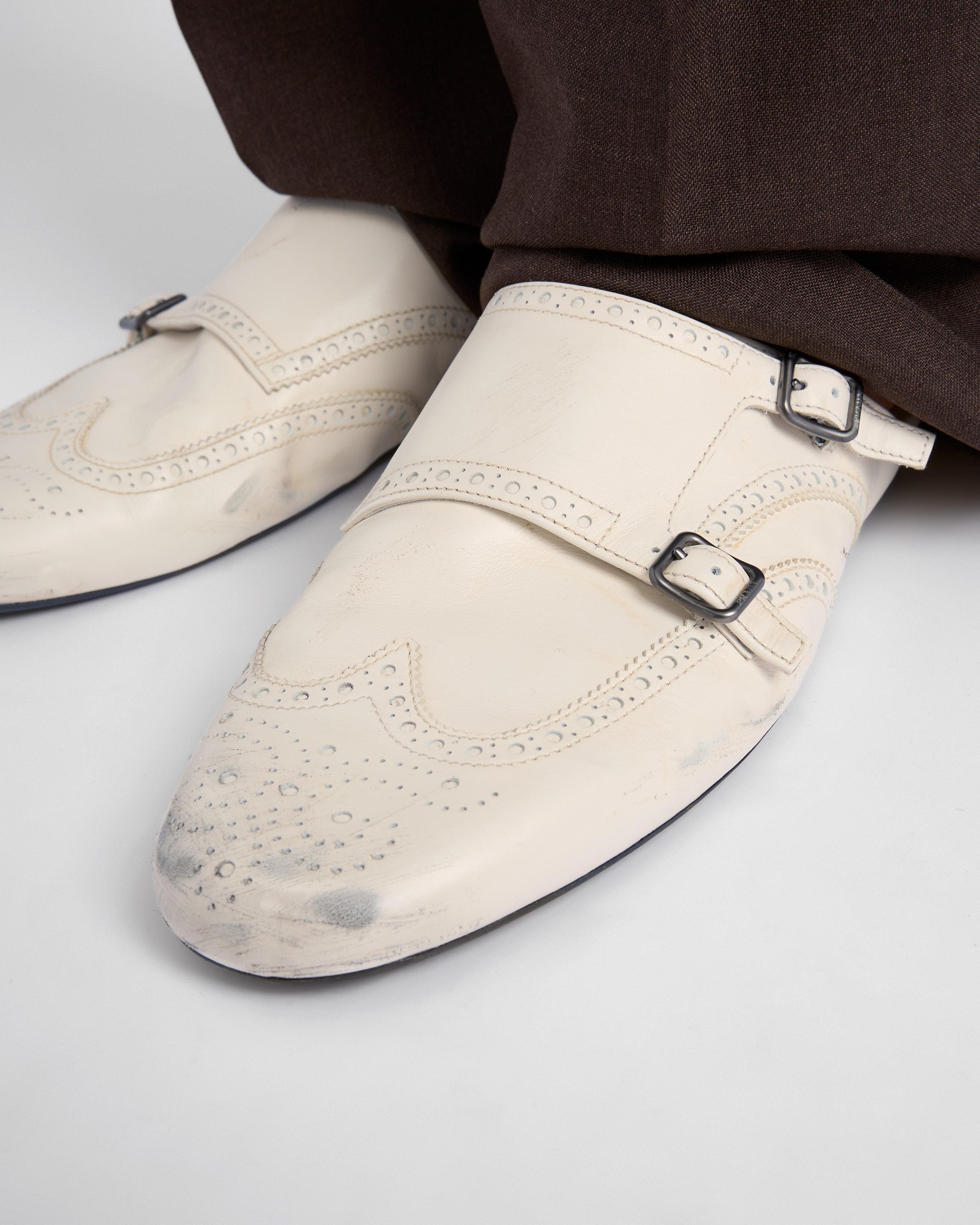 Prada Shuffle Antiqued Leather Double Monk Strap Mules in White