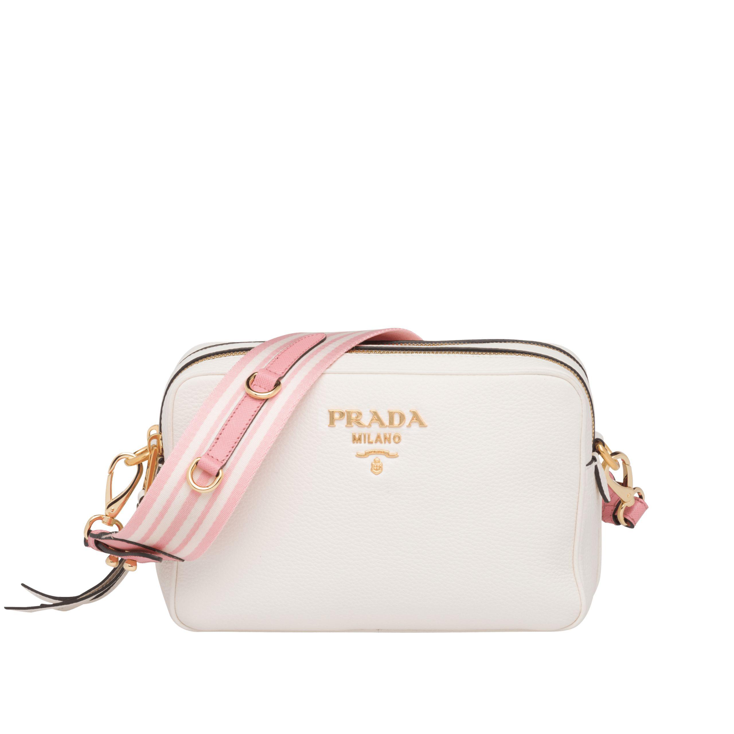 Prada Saffiano Leather And Striped Fabric Shoulder Strap in Pink | Lyst