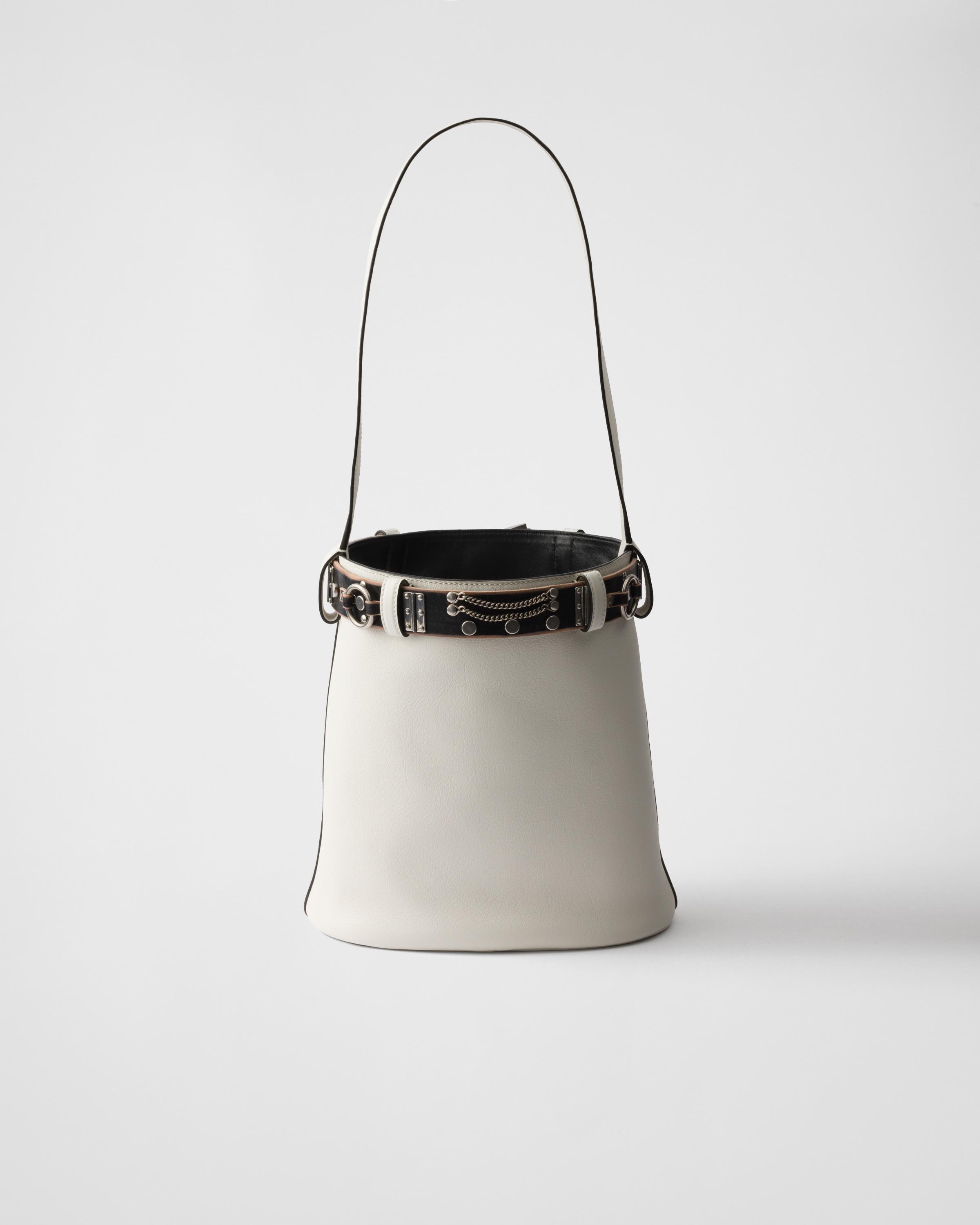 Prada Buckle Leather Bucket Bag With Studded Belt in White