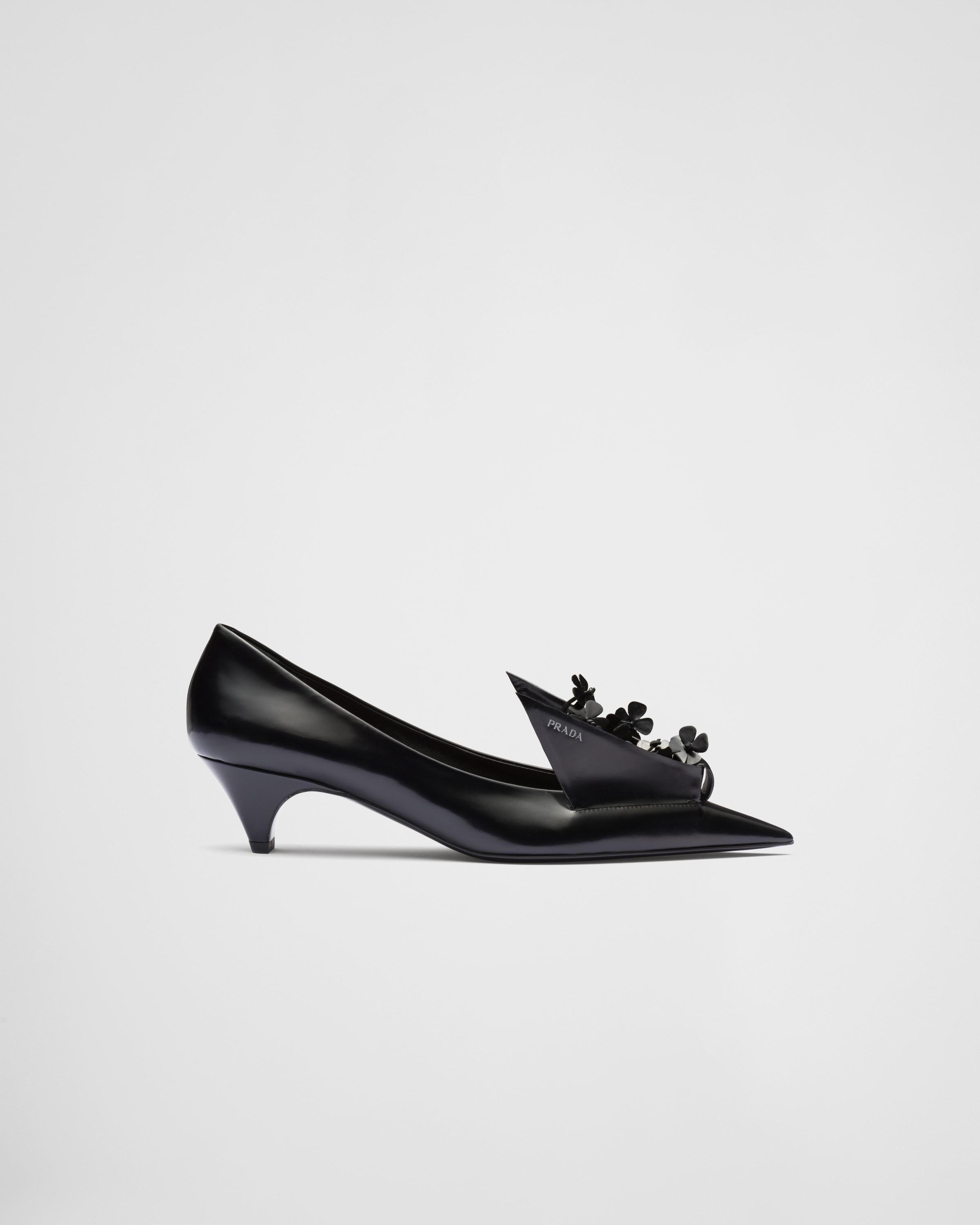 PRADA*Brushed leather with floral appliques パンプス*送込 prada-Black-Brushed-Leather-