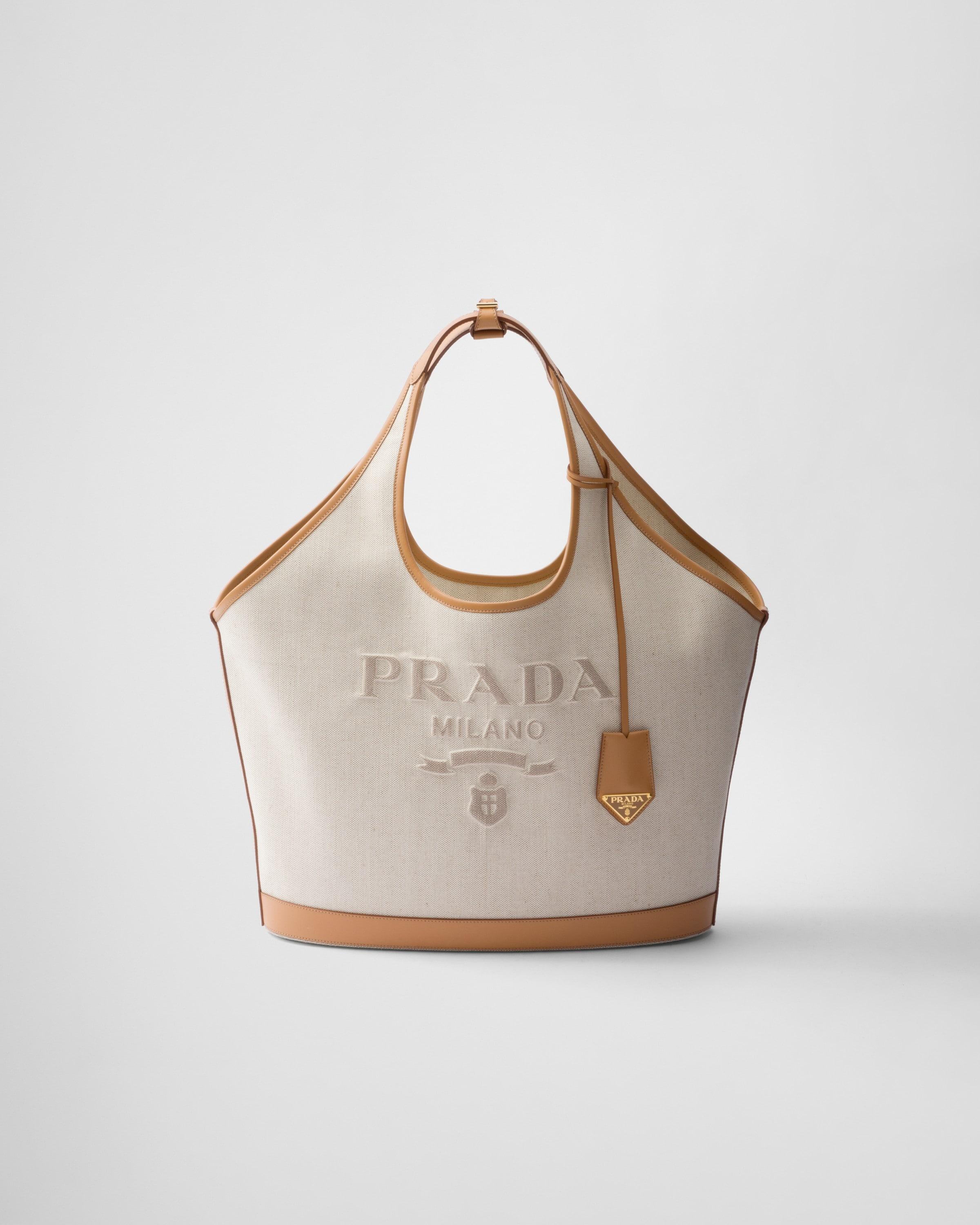 Prada Logo-embossed Large Linen And Leather Tote Bag in Brown | Lyst