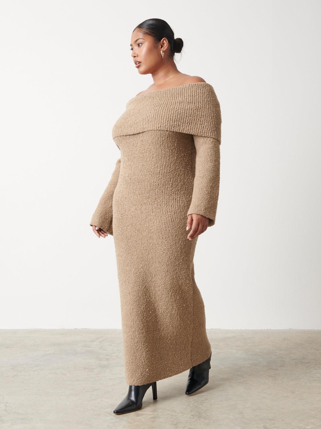 Pretty Lavish Elodie Midaxi Bardot Knit Dress Curve in Natural | Lyst